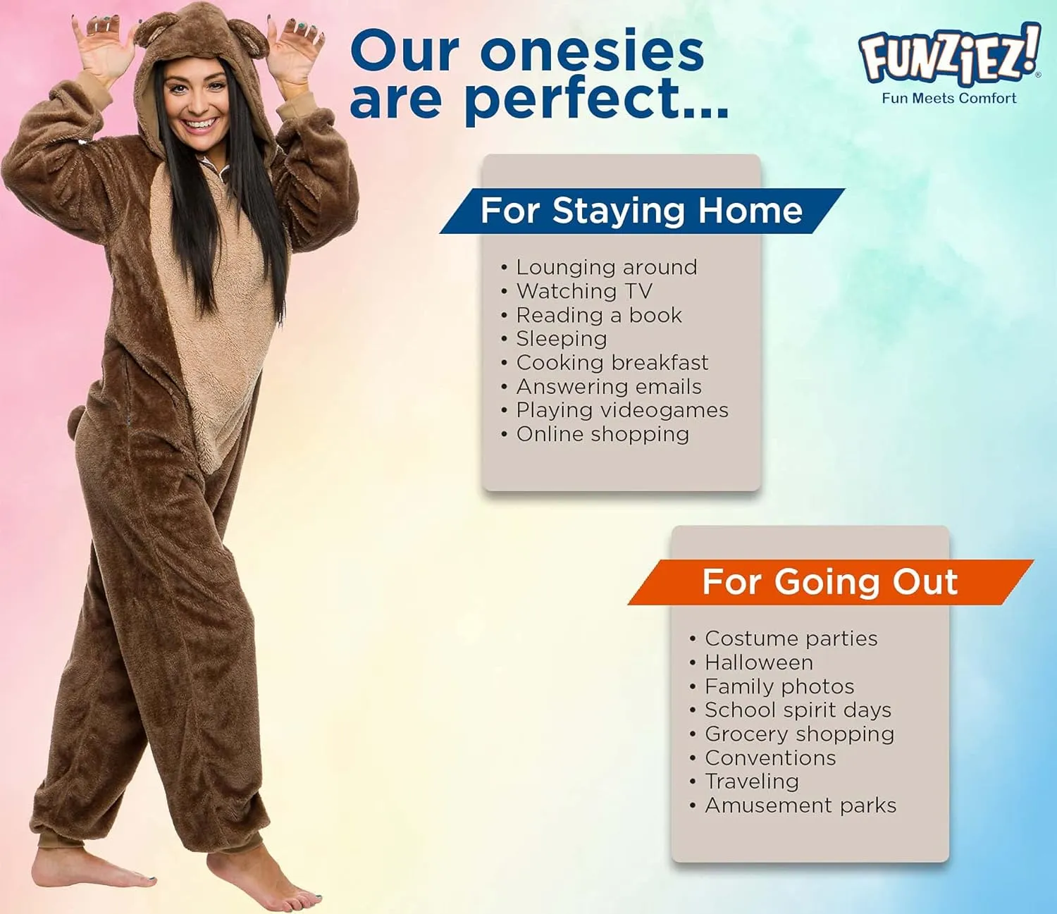 Funziez! Slim Fit Sherpa Adult Onesie - Animal Halloween Costume - Plush One Piece Cosplay Suit for Women and Men