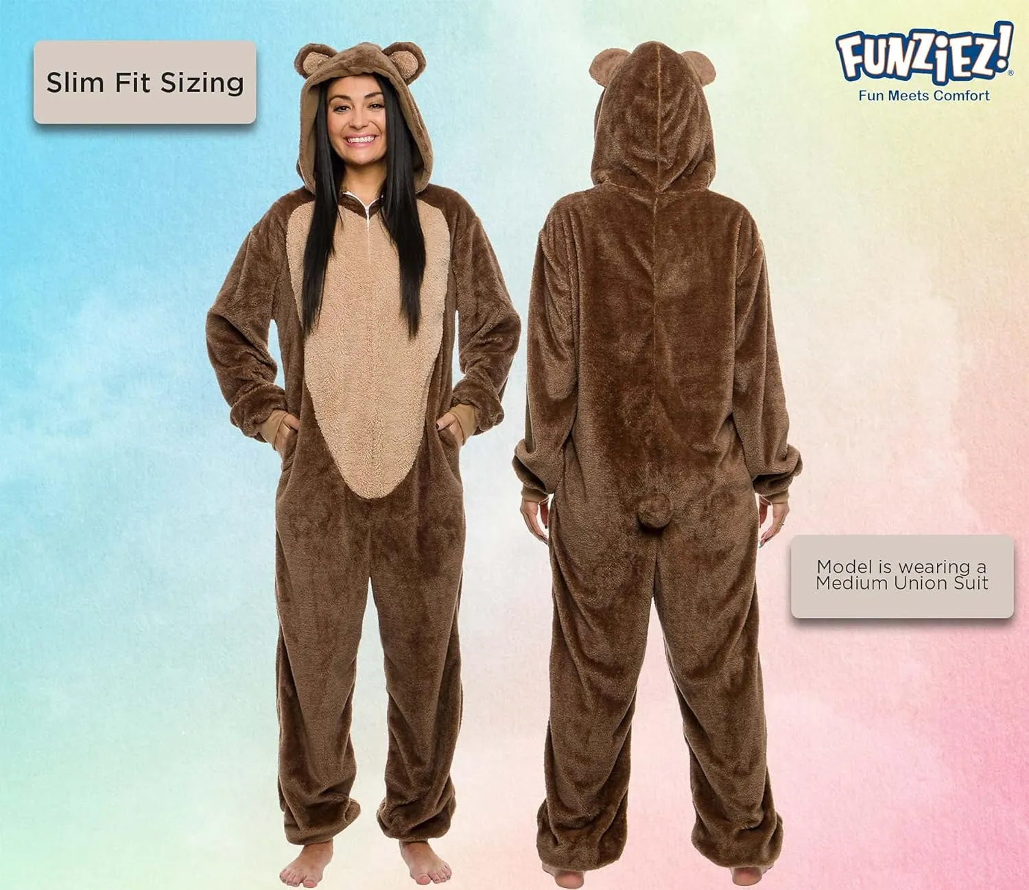Funziez! Slim Fit Sherpa Adult Onesie - Animal Halloween Costume - Plush One Piece Cosplay Suit for Women and Men