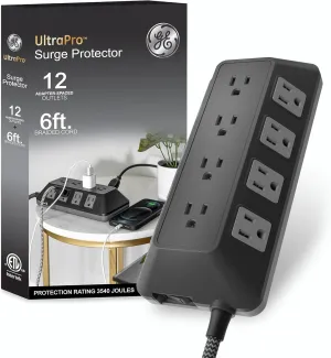 GE UltraPro Adapt 12-Outlet Surge Protector, 6ft Braided Cord Power Strip, 3540 Joules, Black, 74542