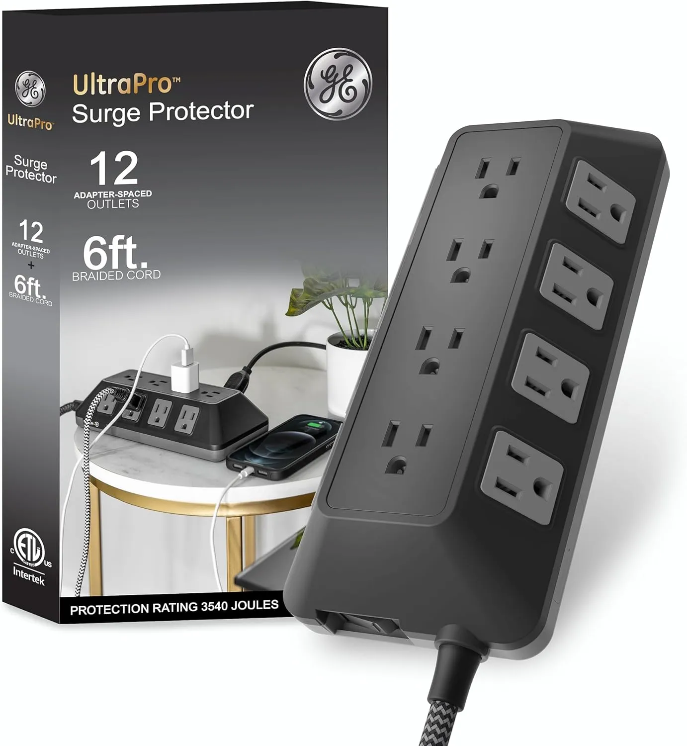 GE UltraPro Adapt 12-Outlet Surge Protector, 6ft Braided Cord Power Strip, 3540 Joules, Black, 74542
