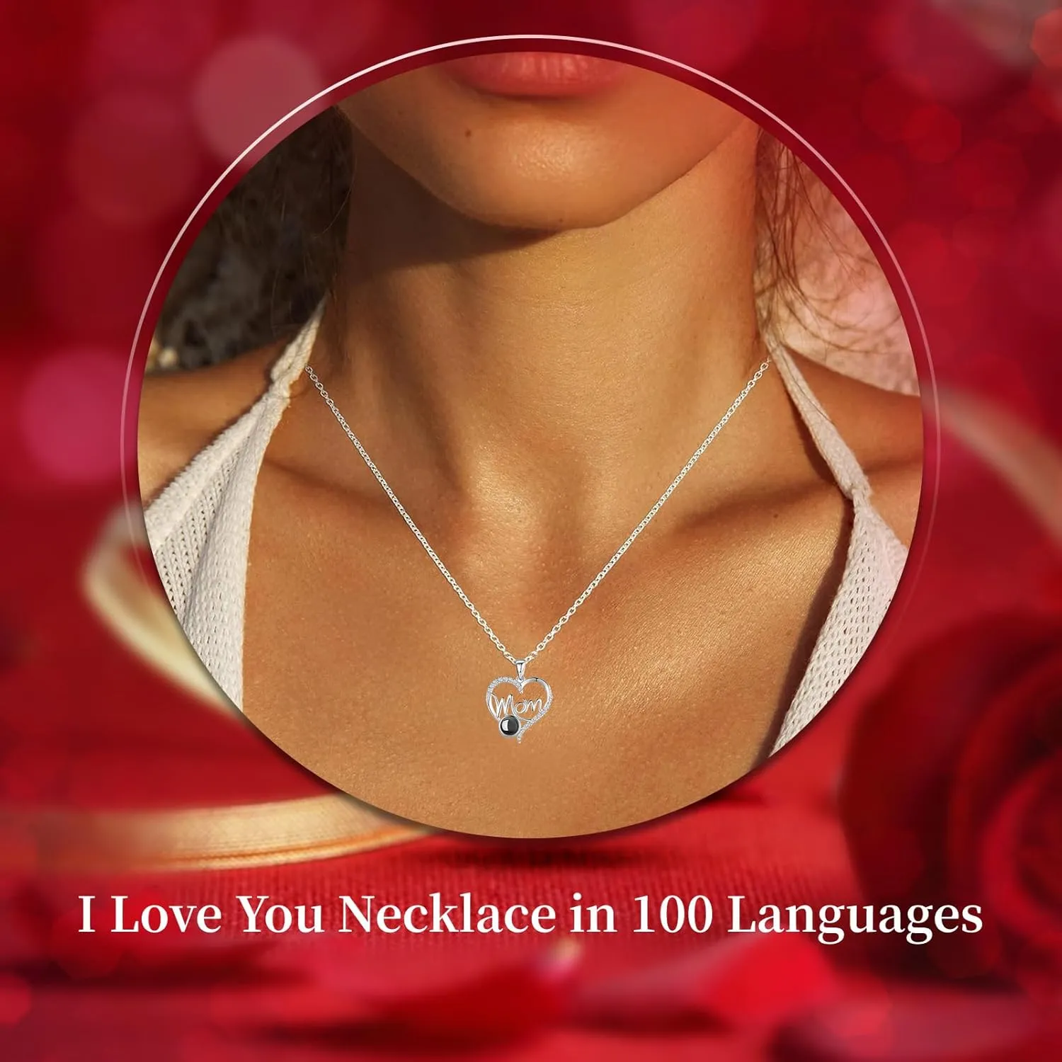 Gifts for Mom from Daughter and Son, Unique Mothers Day Birthday Gift Idea, Preserved Red Real Roses with I Love You in 100 Languages Mom Necklace, Cool Present to Mother Mama -Red