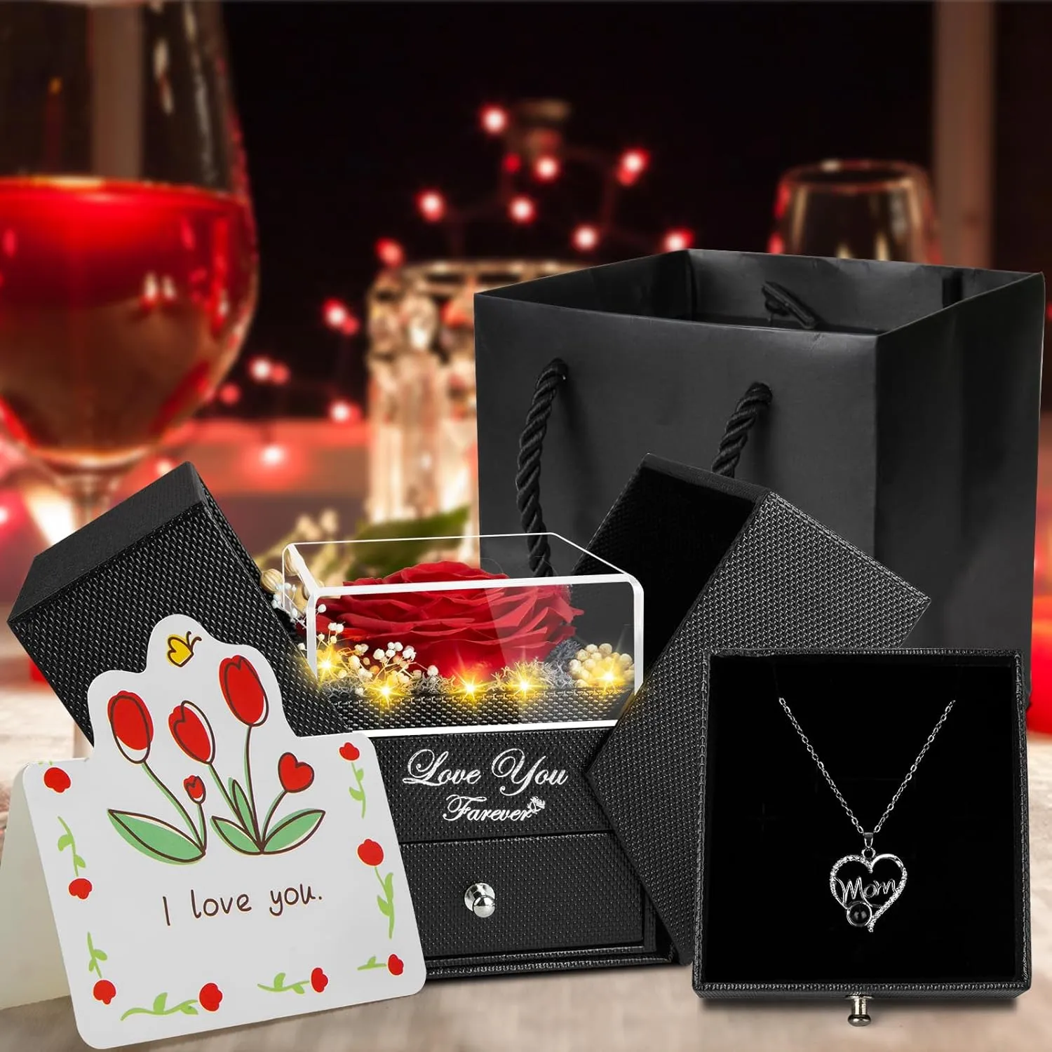 Gifts for Mom from Daughter and Son, Unique Mothers Day Birthday Gift Idea, Preserved Red Real Roses with I Love You in 100 Languages Mom Necklace, Cool Present to Mother Mama -Red