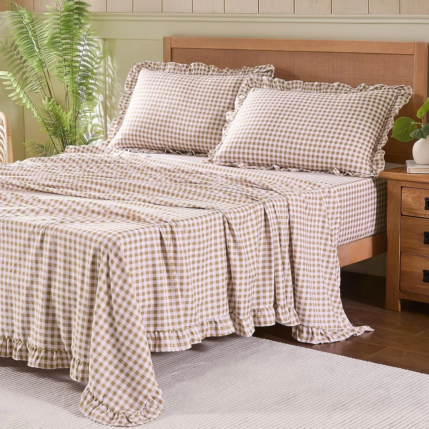 Gingham Queen Sheet Set, Lightweight Super Soft Brushed Microfiber Plaid Bed Sheets with 16" Deep Pocket, 4 Piece Ruffle Farmhouse Bedroom Decor, Taupe