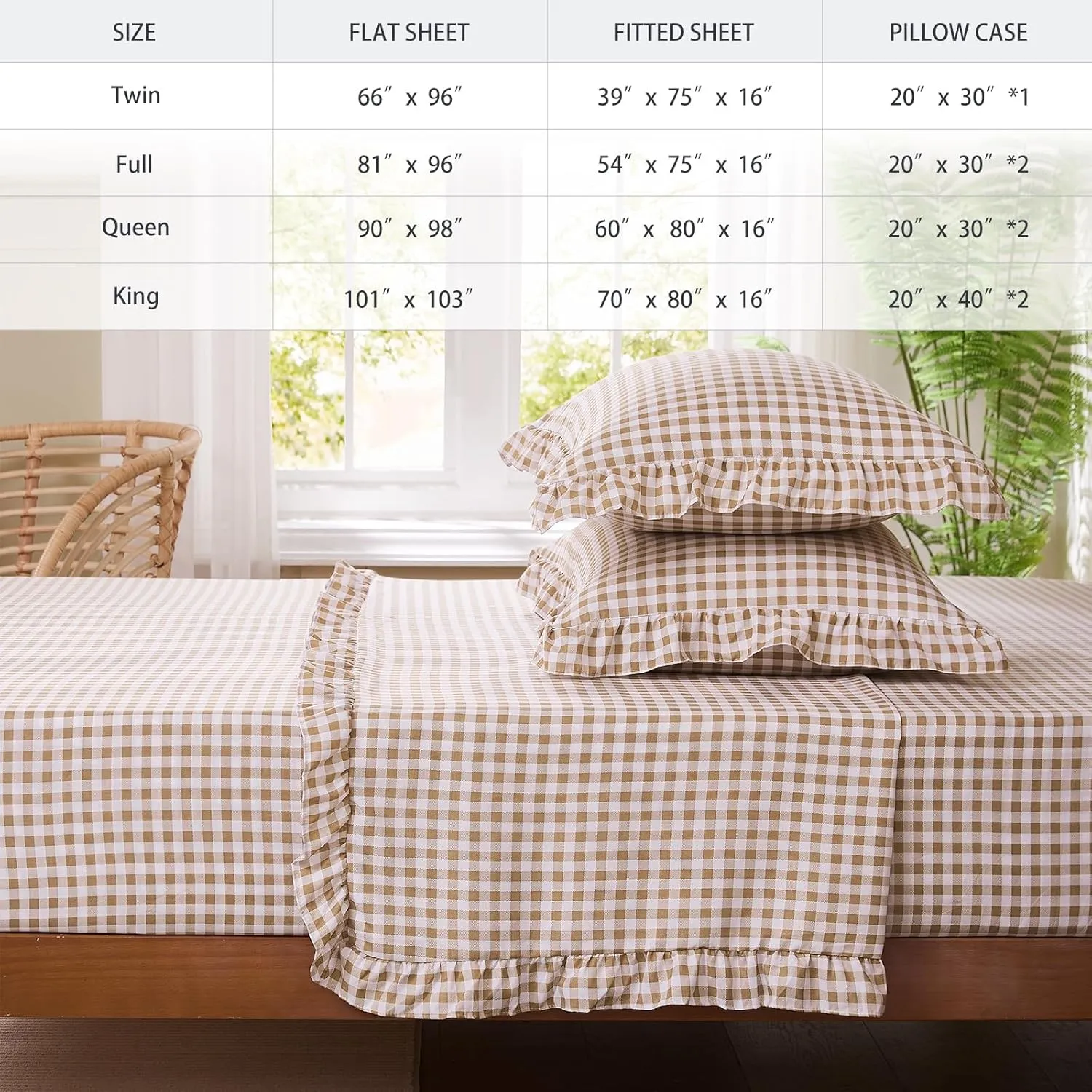 Gingham Queen Sheet Set, Lightweight Super Soft Brushed Microfiber Plaid Bed Sheets with 16" Deep Pocket, 4 Piece Ruffle Farmhouse Bedroom Decor, Taupe