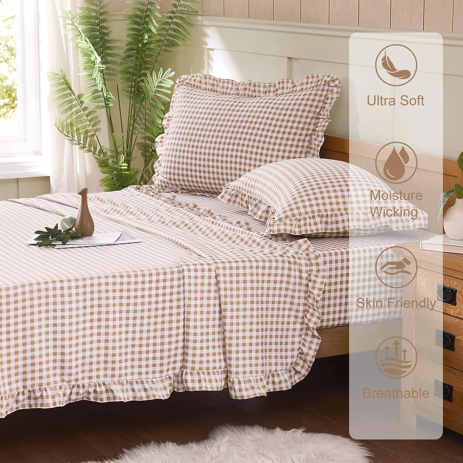 Gingham Queen Sheet Set, Lightweight Super Soft Brushed Microfiber Plaid Bed Sheets with 16" Deep Pocket, 4 Piece Ruffle Farmhouse Bedroom Decor, Taupe