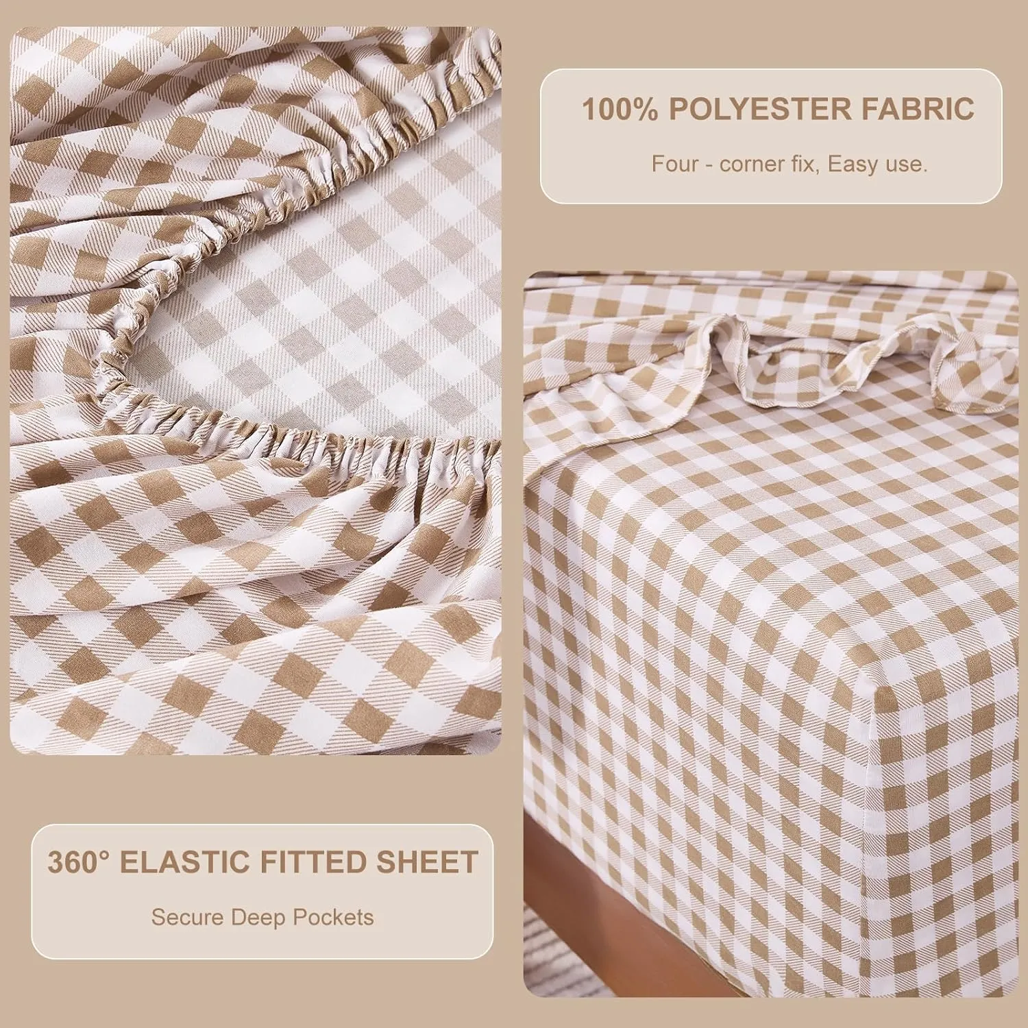 Gingham Queen Sheet Set, Lightweight Super Soft Brushed Microfiber Plaid Bed Sheets with 16" Deep Pocket, 4 Piece Ruffle Farmhouse Bedroom Decor, Taupe