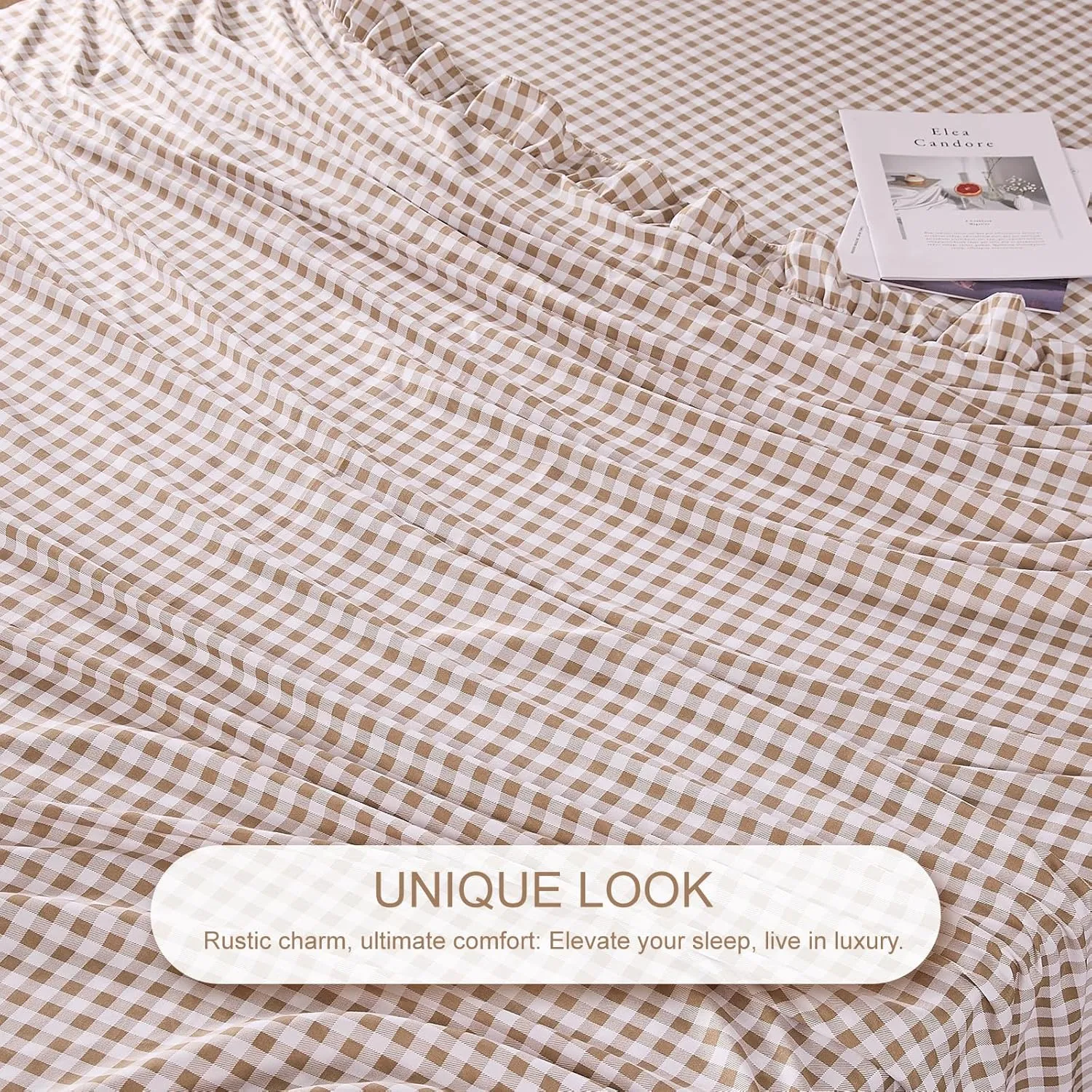 Gingham Queen Sheet Set, Lightweight Super Soft Brushed Microfiber Plaid Bed Sheets with 16" Deep Pocket, 4 Piece Ruffle Farmhouse Bedroom Decor, Taupe