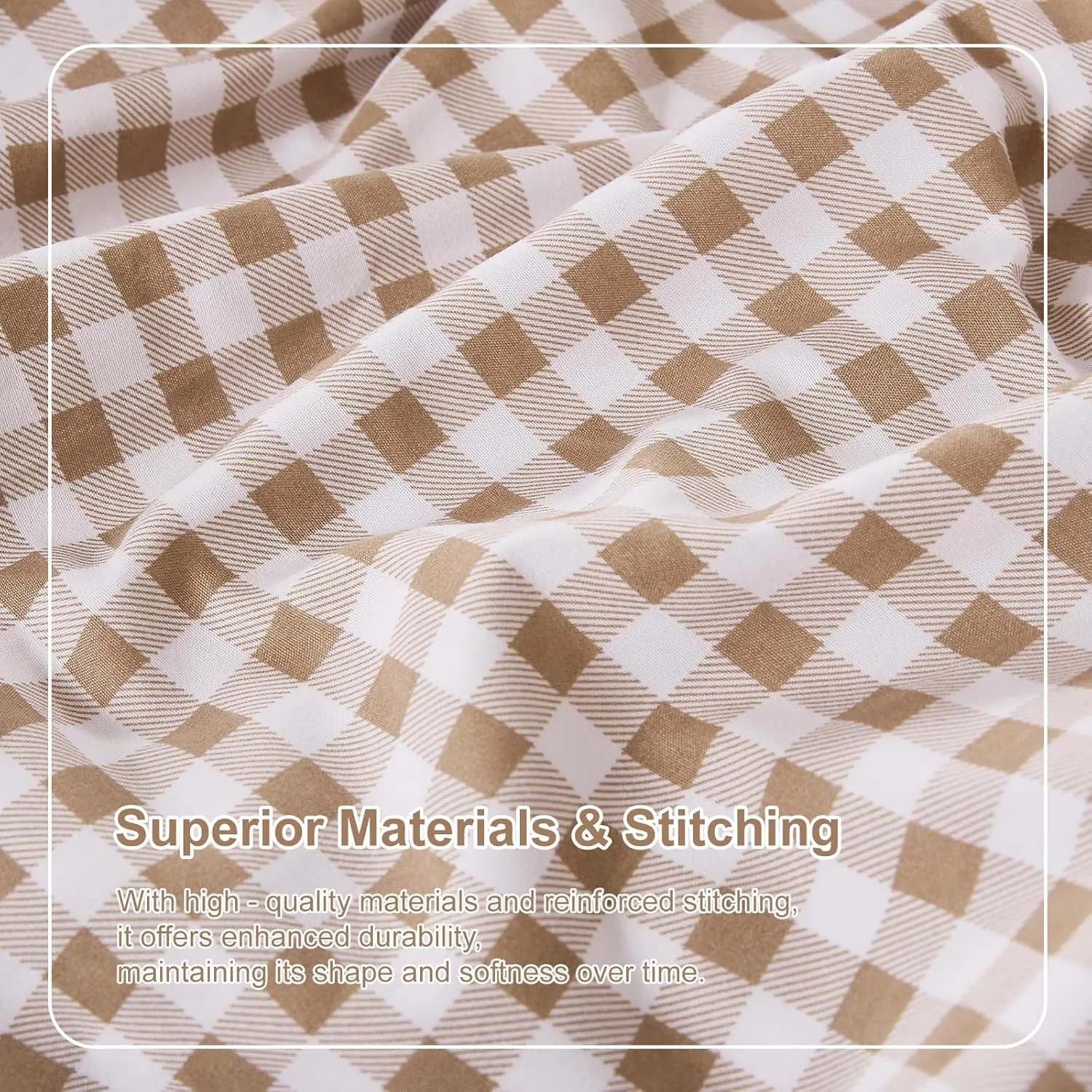 Gingham Queen Sheet Set, Lightweight Super Soft Brushed Microfiber Plaid Bed Sheets with 16" Deep Pocket, 4 Piece Ruffle Farmhouse Bedroom Decor, Taupe