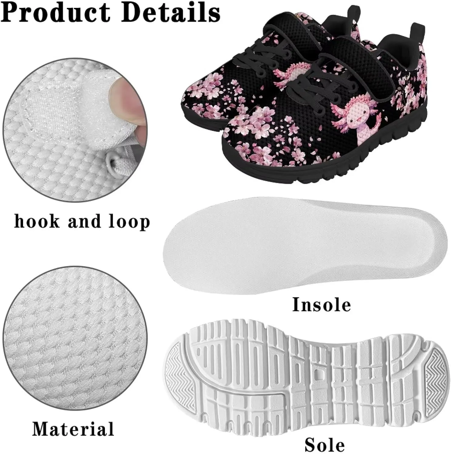 Girls Running Shoes with Hook and Loop Cute Print Kids Tennis Shoes for Outdoor Activities