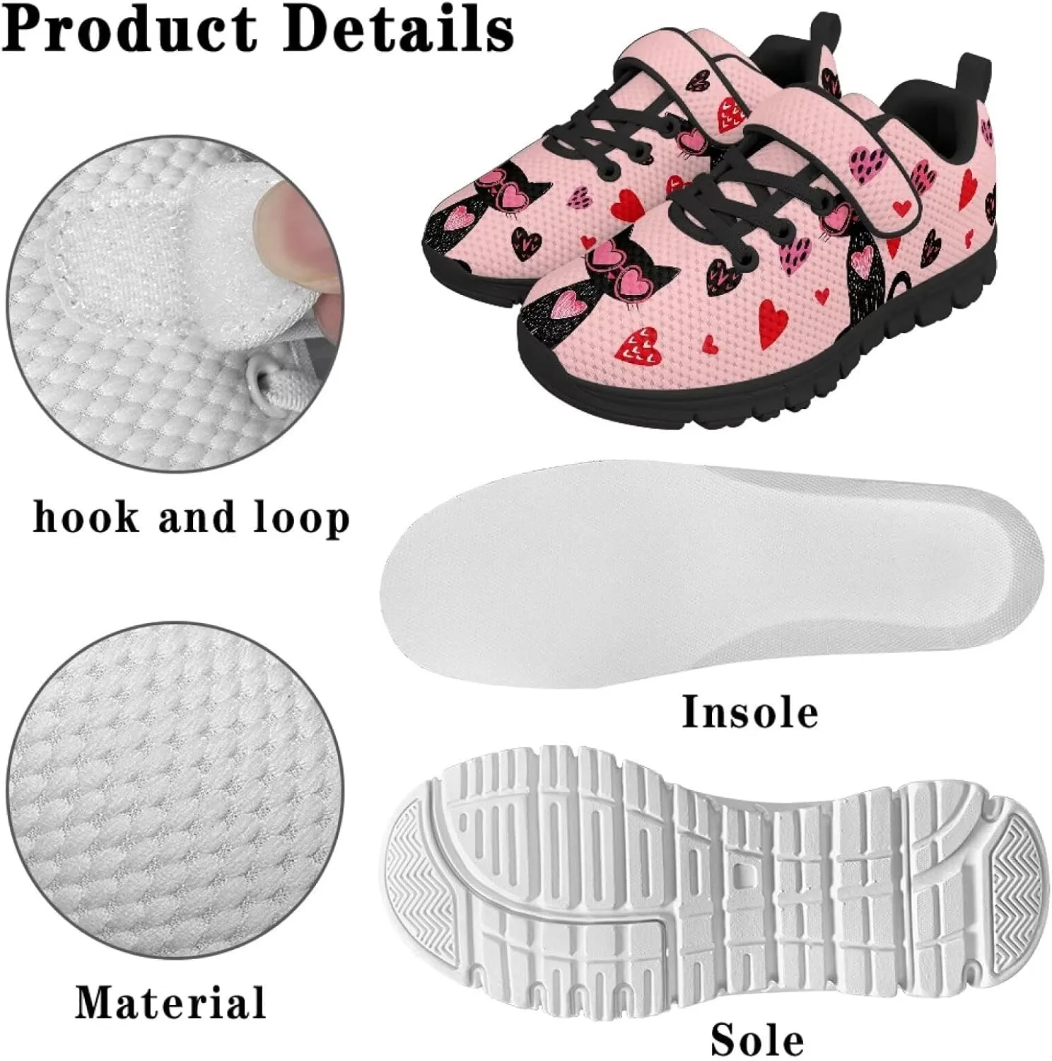 Girls Running Shoes with Hook and Loop Cute Print Kids Tennis Shoes for Outdoor Activities