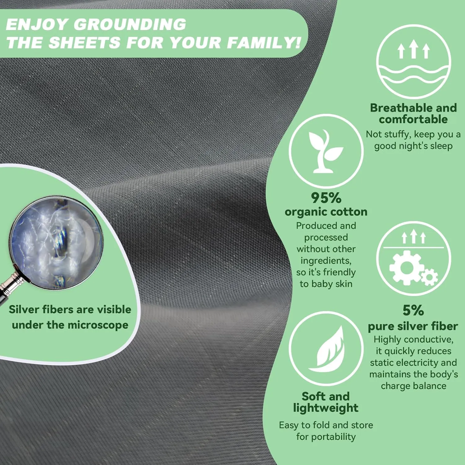 Grounding Bed Sheets Organic Cotton Grounding Sheets Silver Fiber Earth Sheet for Sleep Pain Relief,35 x 90 Inches Conductive Bed Sheet with Cord, Grey