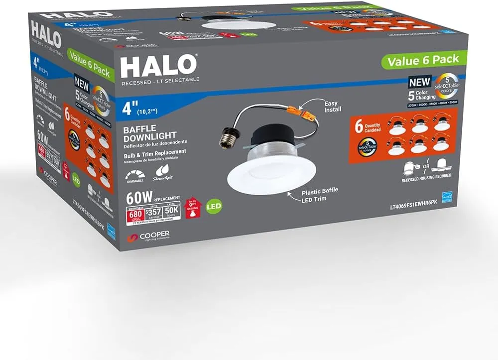 HALO LT 4 Inch in/Outdoor Recessed LED Trim Can Light, 5CCT 2700K/3000K/3500K/4000k/5000K - 6-Pack - LT4069FS1EWHR6PK