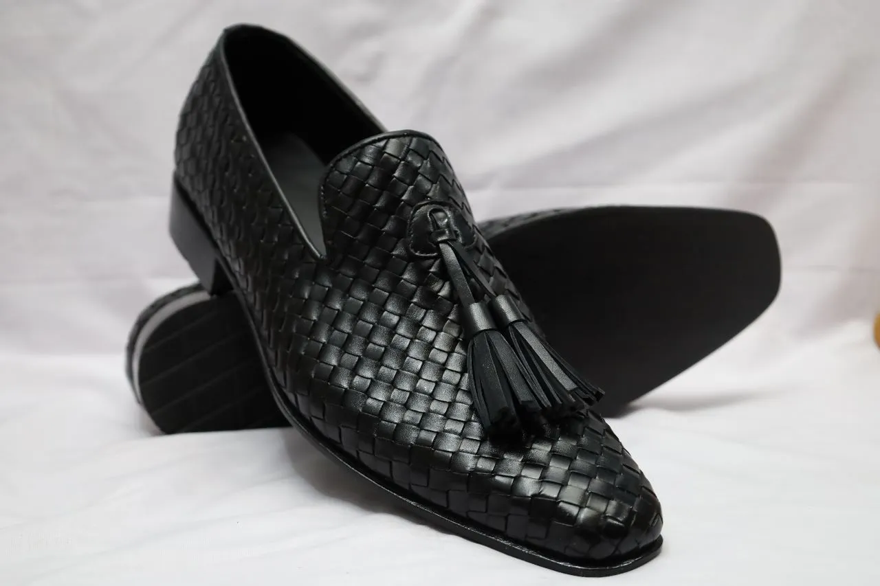 Handmade Men black Leather Knitted shoes, Men black dress shoes moccasins