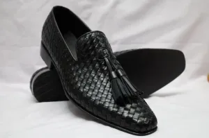 Handmade Men black Leather Knitted shoes, Men black dress shoes moccasins