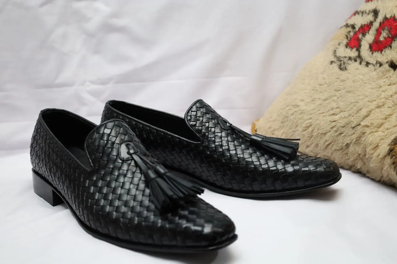Handmade Men black Leather Knitted shoes, Men black dress shoes moccasins