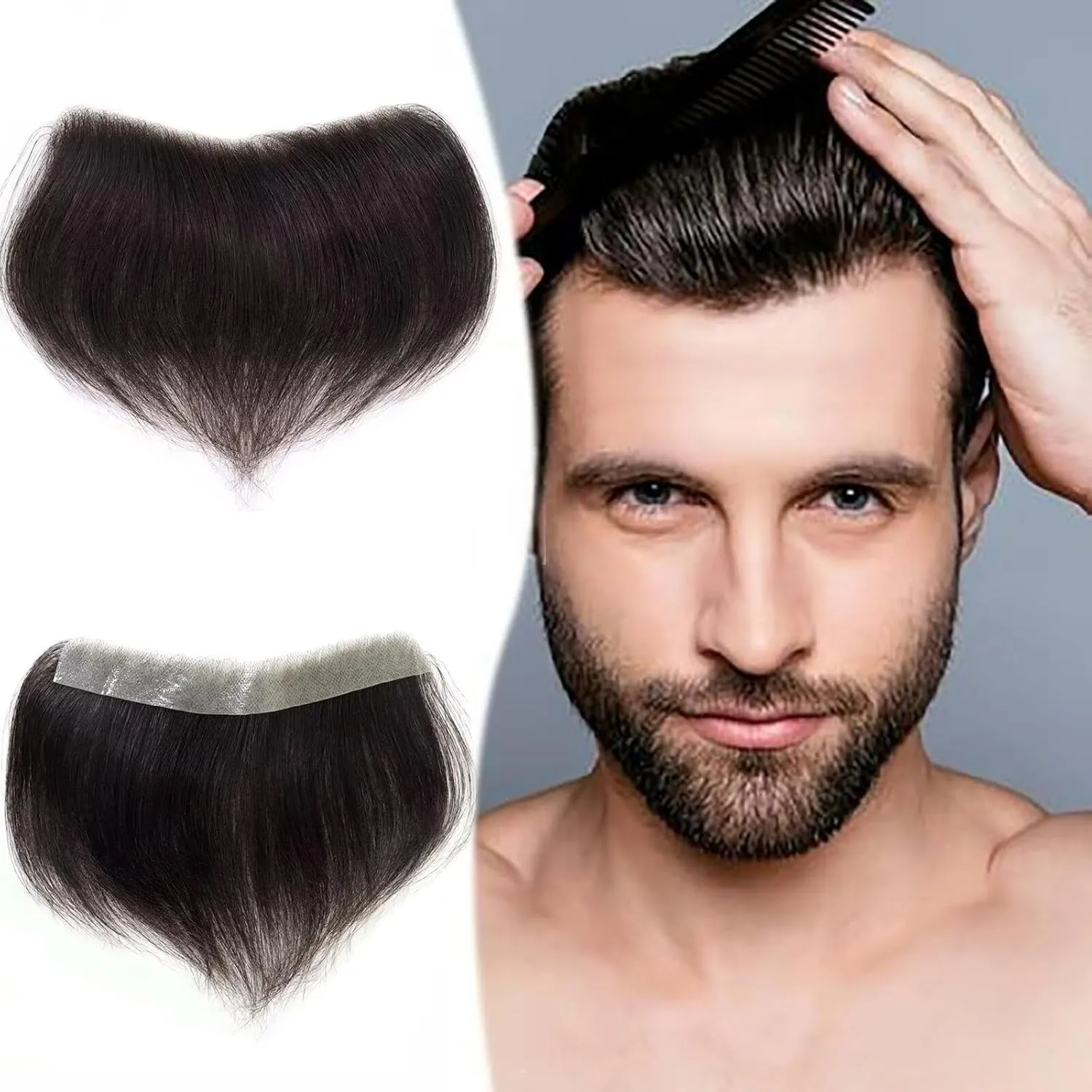 HAPPY&CC Forehead Hairline Toupee for Men High Density Human Hair Skin PU Mens Front Hairpieces V Loop Frontal Hair Topper for Receding Natural Hairline Replacement Systems #2 Dark Brown 18x4cm