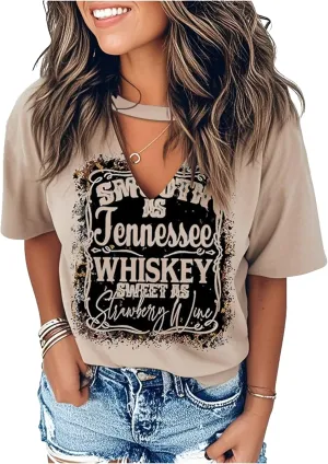Hollow Out T Shirts for Women Western Graphic Shirts Country Cowgirls Shirts Casual Short Sleeve V Neck Tops