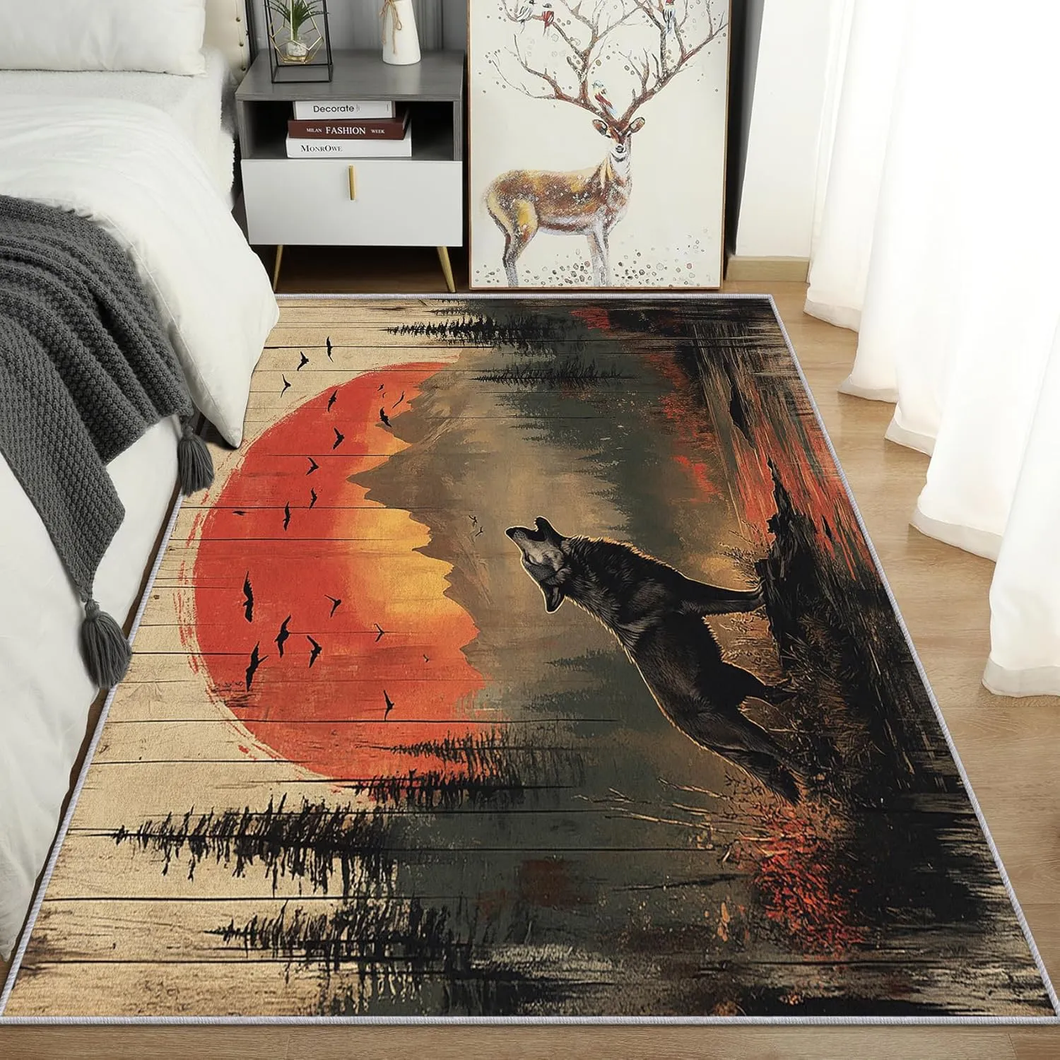 Howling Wolf Rug 8x8, Washable Rustic Wood Plank Rugs for Living Room Bedroom, Bird Forest Mountain Area Rug for Home Decor, Non Slip Backing Floor Carpet with Gripper - 8 x 8 ft