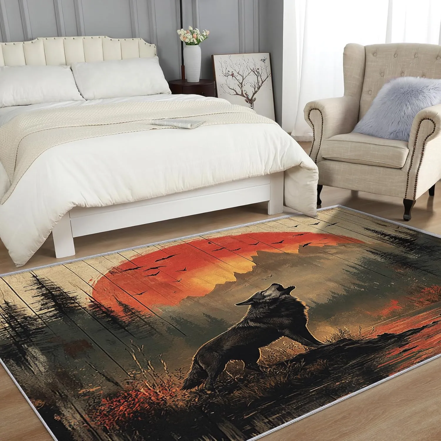 Howling Wolf Rug 8x8, Washable Rustic Wood Plank Rugs for Living Room Bedroom, Bird Forest Mountain Area Rug for Home Decor, Non Slip Backing Floor Carpet with Gripper - 8 x 8 ft