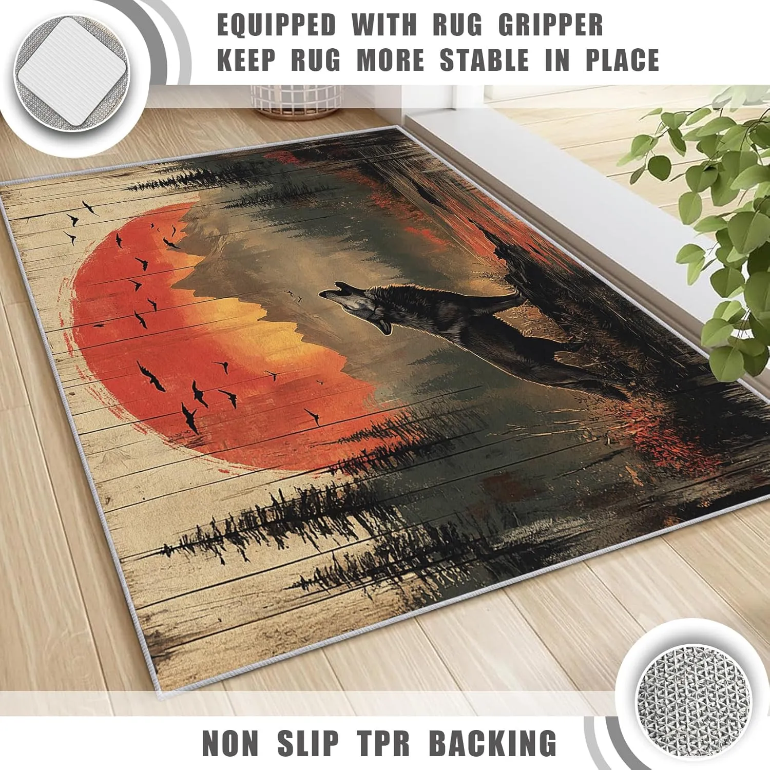 Howling Wolf Rug 8x8, Washable Rustic Wood Plank Rugs for Living Room Bedroom, Bird Forest Mountain Area Rug for Home Decor, Non Slip Backing Floor Carpet with Gripper - 8 x 8 ft