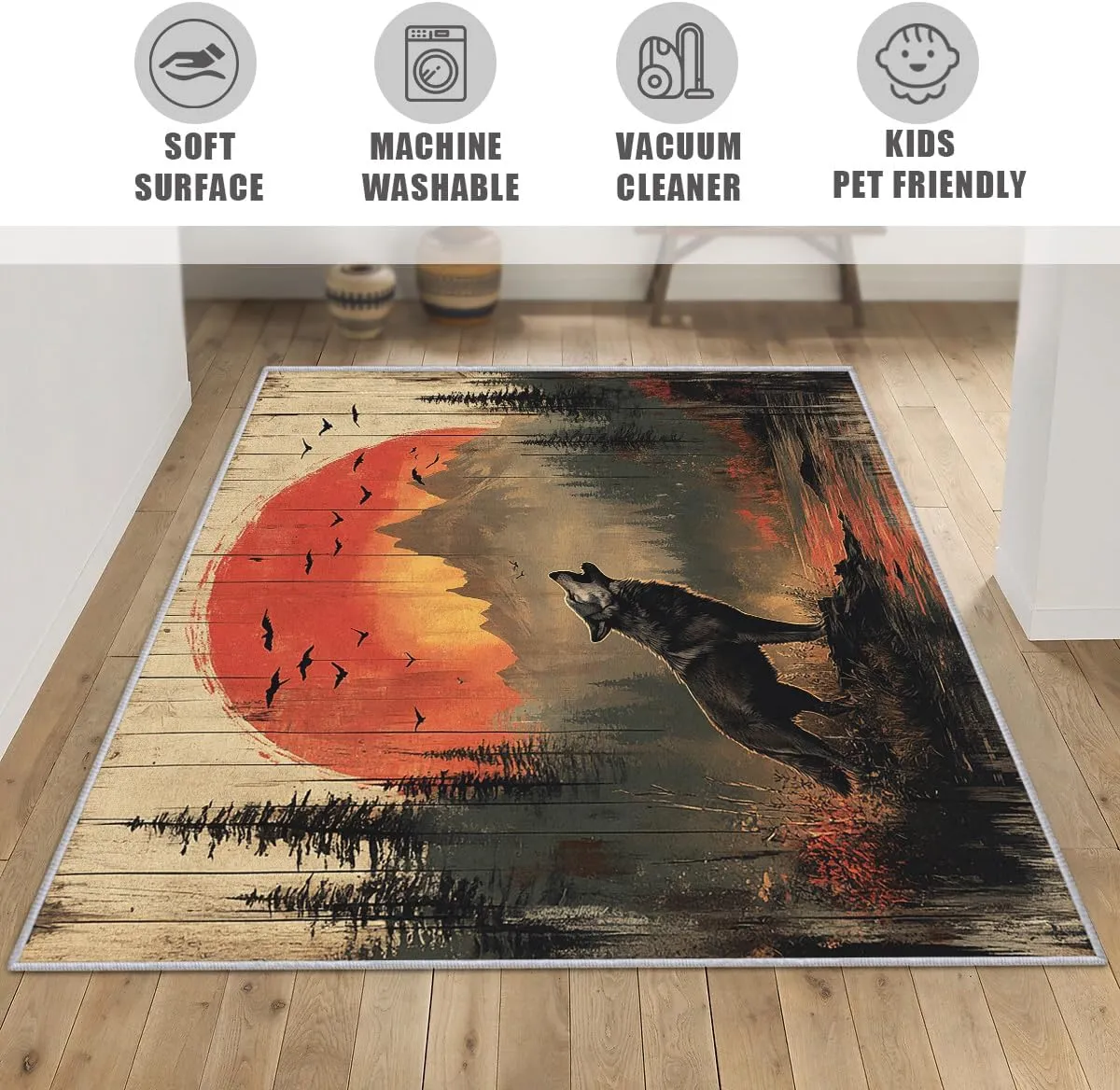 Howling Wolf Rug 8x8, Washable Rustic Wood Plank Rugs for Living Room Bedroom, Bird Forest Mountain Area Rug for Home Decor, Non Slip Backing Floor Carpet with Gripper - 8 x 8 ft