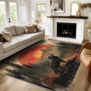 Howling Wolf Rug 8x8, Washable Rustic Wood Plank Rugs for Living Room Bedroom, Bird Forest Mountain Area Rug for Home Decor, Non Slip Backing Floor Carpet with Gripper - 8 x 8 ft