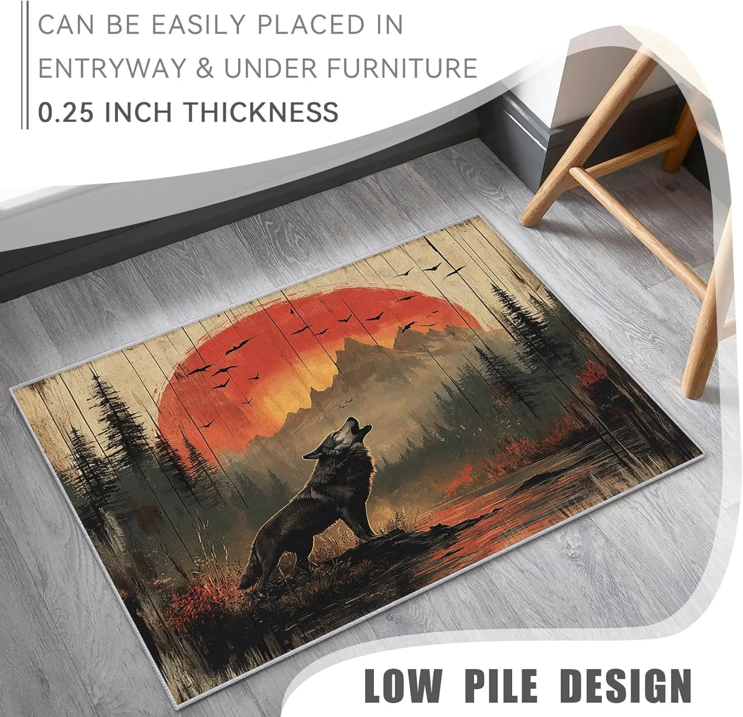 Howling Wolf Rug 8x8, Washable Rustic Wood Plank Rugs for Living Room Bedroom, Bird Forest Mountain Area Rug for Home Decor, Non Slip Backing Floor Carpet with Gripper - 8 x 8 ft
