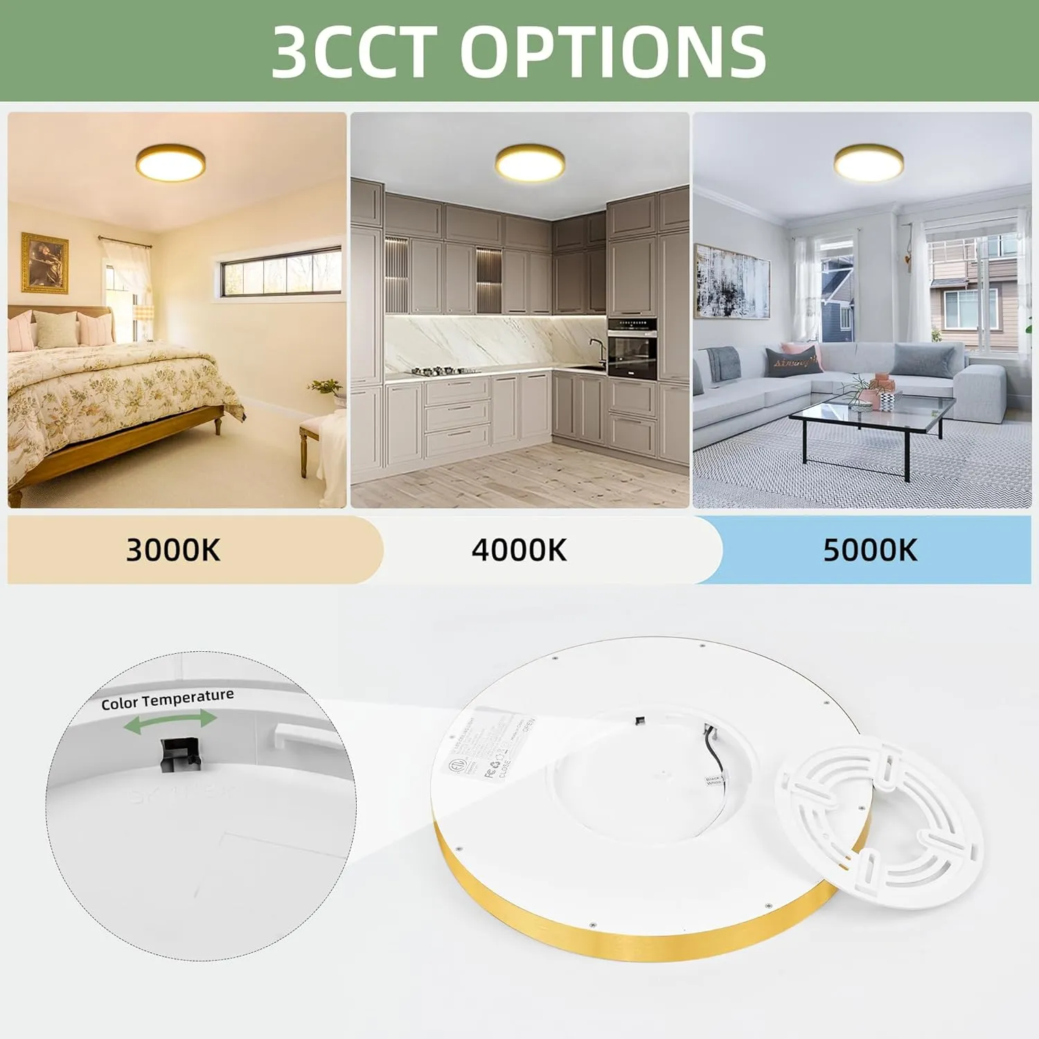 hykolity 12 Inch Selectable CCT LED Round Flat Panel Light, 24W 3000K/4000K/5000K, Edge-Lit Flush Mount Ceiling Light Fixture for Kitchen, Bedroom, Laundry and Closet Room，Gold