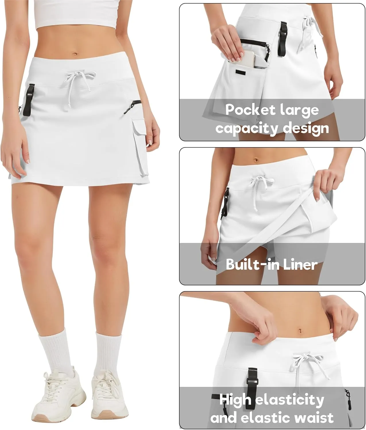 Idtswch Women's 16" High Waisted Hiking Cargo Skort with Zipper Pockets - Quick Dry Golf & Workout Skirt