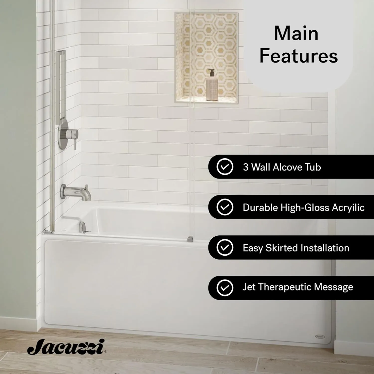 Jacuzzi SIGNATURE Acrylic Skirted Bathtub, Jet Massage Tub, Slip Resistant, Left Drain Placement, 60" (L) x 32" (W), Rectangle Flat Front, White