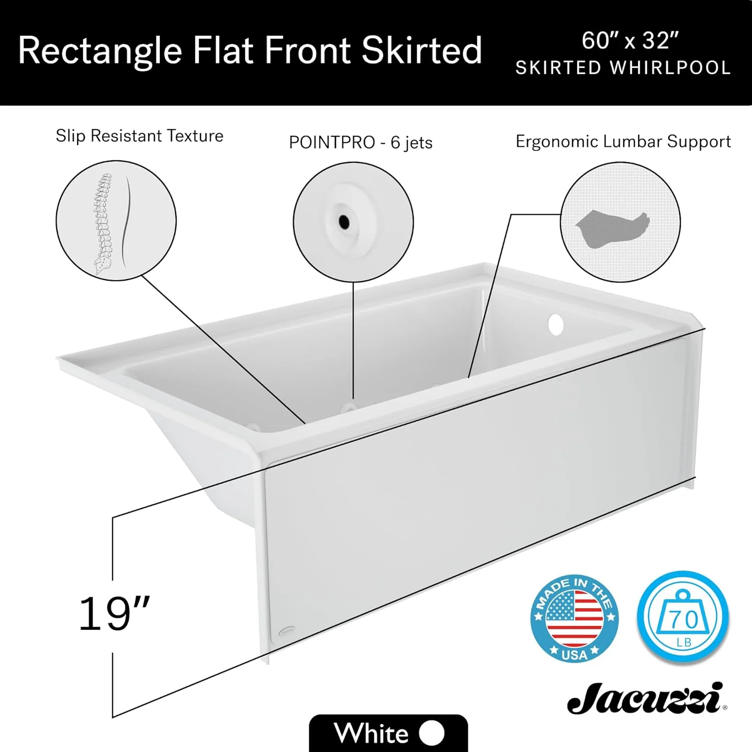 Jacuzzi SIGNATURE Acrylic Skirted Bathtub, Jet Massage Tub, Slip Resistant, Left Drain Placement, 60" (L) x 32" (W), Rectangle Flat Front, White