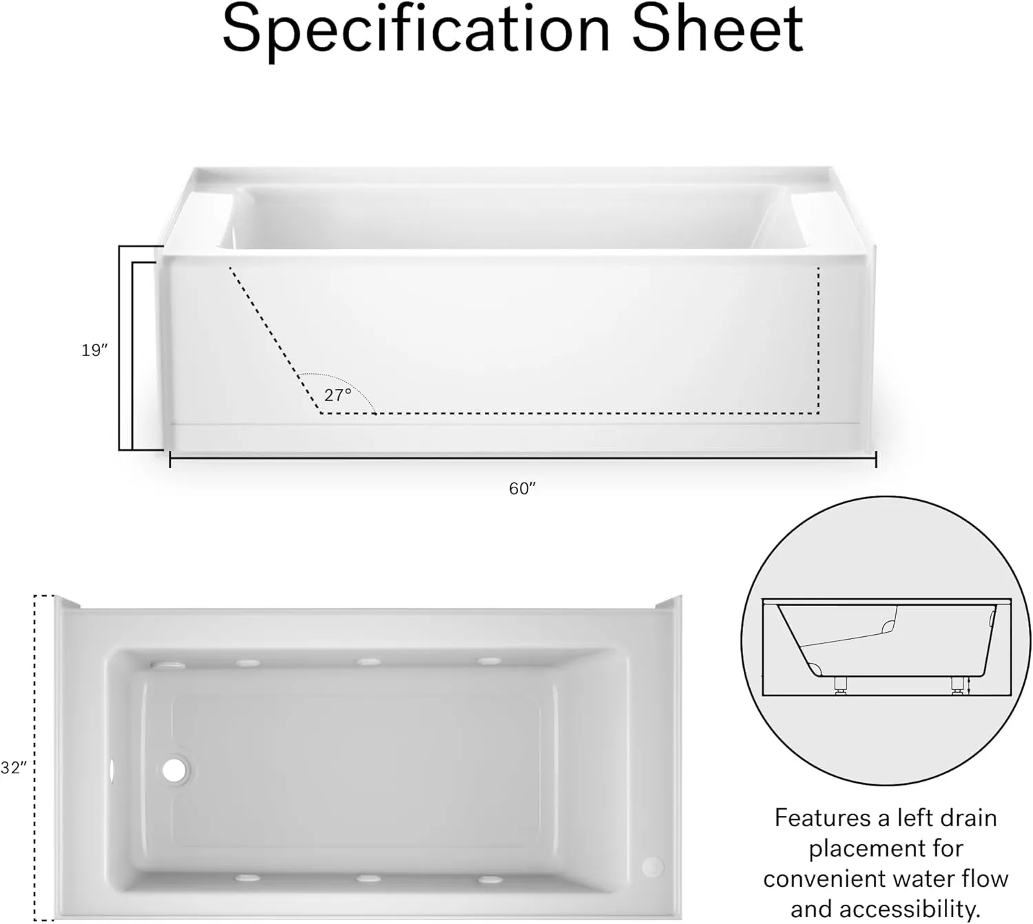 Jacuzzi SIGNATURE Acrylic Skirted Bathtub, Jet Massage Tub, Slip Resistant, Left Drain Placement, 60" (L) x 32" (W), Rectangle Flat Front, White