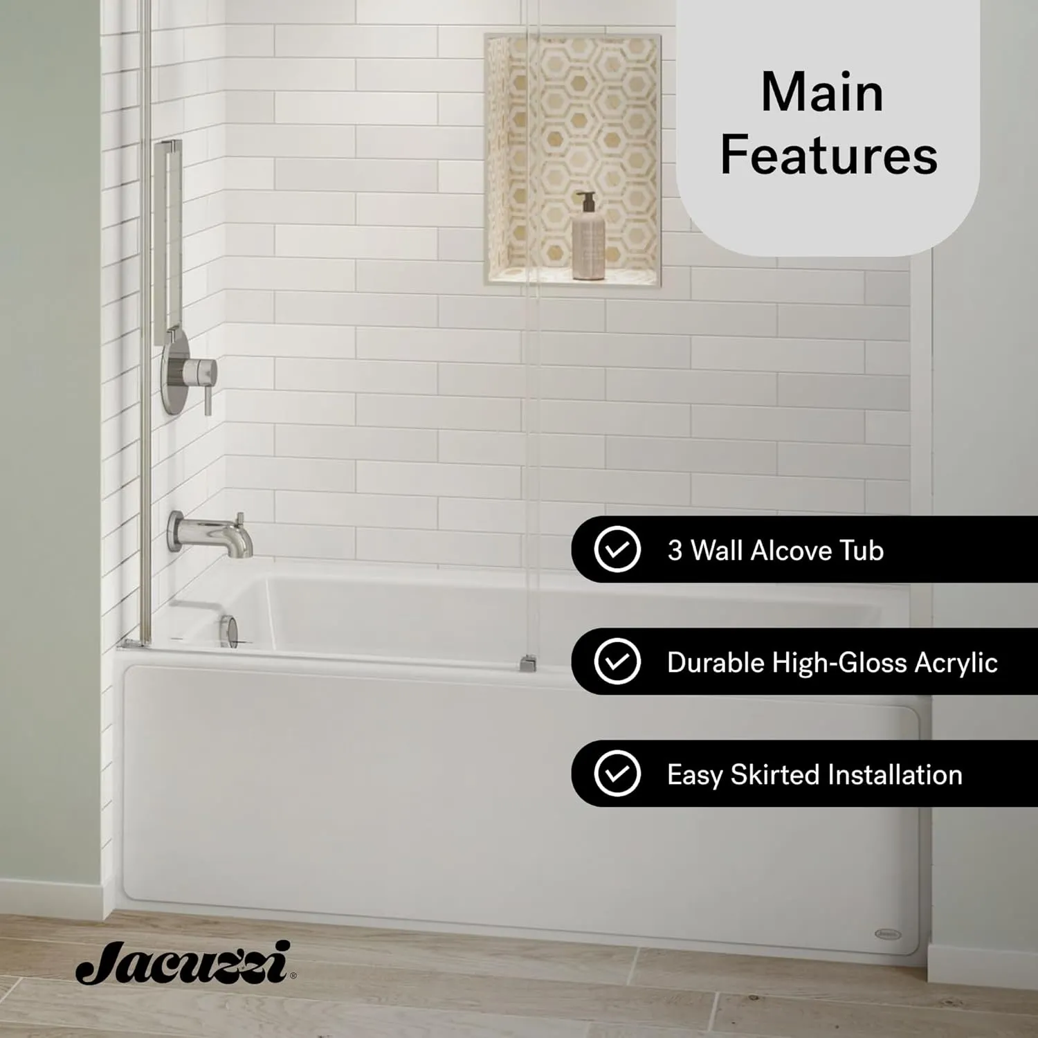 Jacuzzi SIGNATURE Acrylic Skirted Bathtub, Soaking Sanctuary, Slip Resistant, Left Drain Placement, 60" (L) x 36" (W), Rectangle Flat Front, Access Panel, Oyster