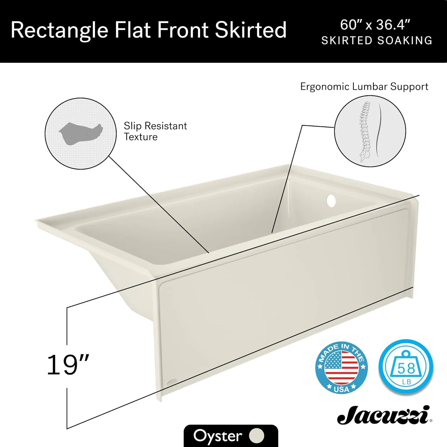 Jacuzzi SIGNATURE Acrylic Skirted Bathtub, Soaking Sanctuary, Slip Resistant, Left Drain Placement, 60" (L) x 36" (W), Rectangle Flat Front, Access Panel, Oyster