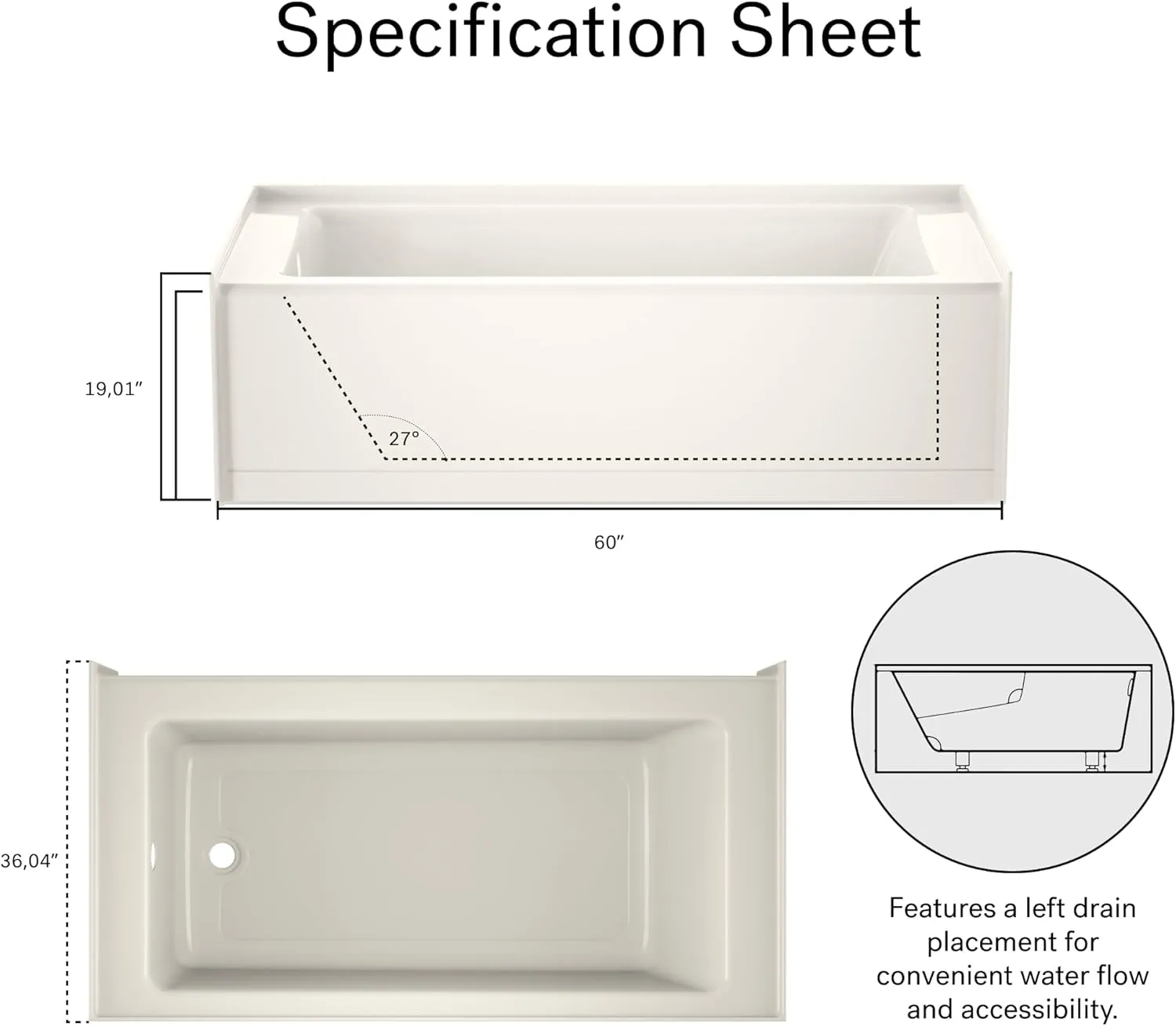 Jacuzzi SIGNATURE Acrylic Skirted Bathtub, Soaking Sanctuary, Slip Resistant, Left Drain Placement, 60" (L) x 36" (W), Rectangle Flat Front, Access Panel, Oyster