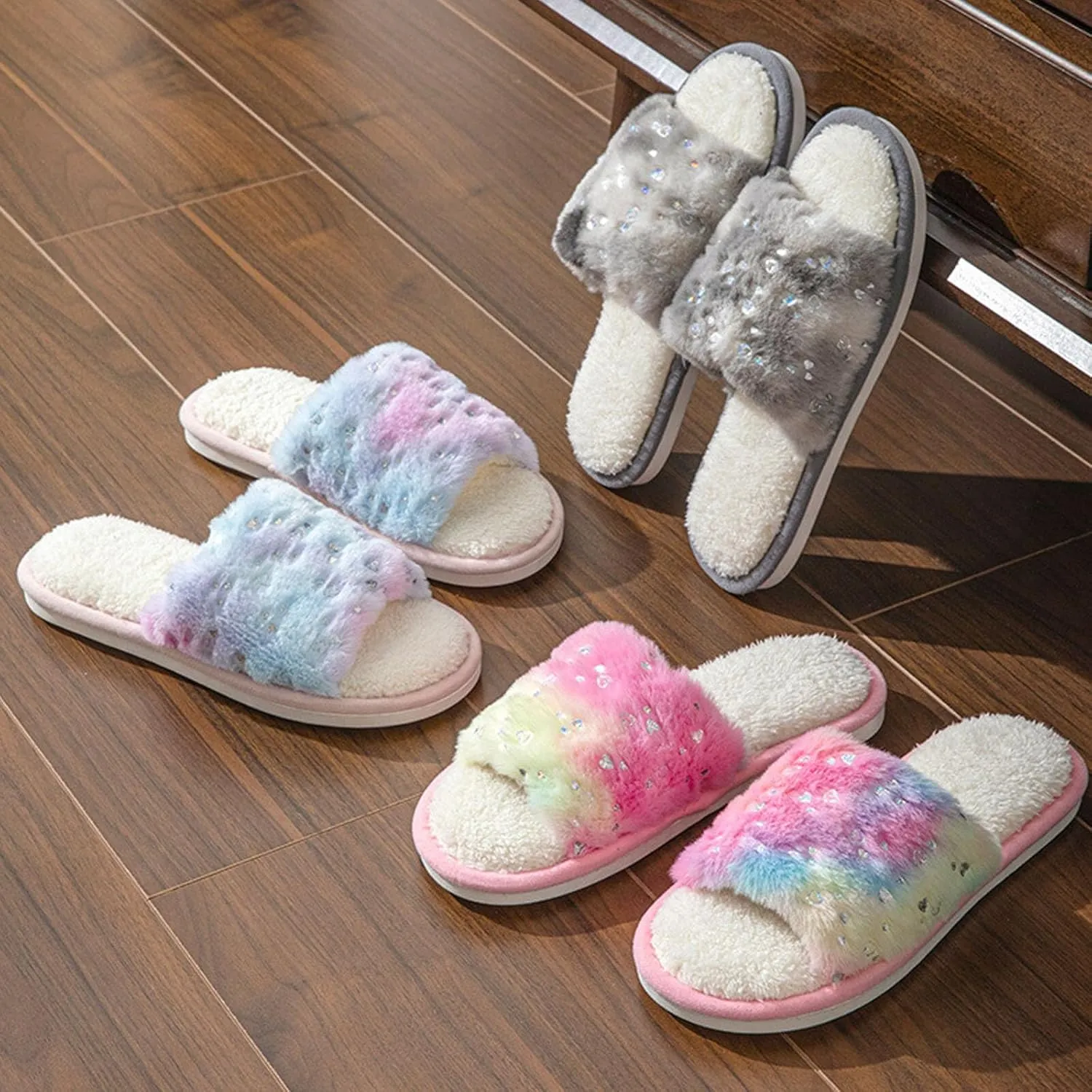 JadeRich Women's Fuzzy Tie Dye Open Toe Slippers Fluffy Faux Fur Slip on Plush Home Slides Sandals for Indoor Outdoor