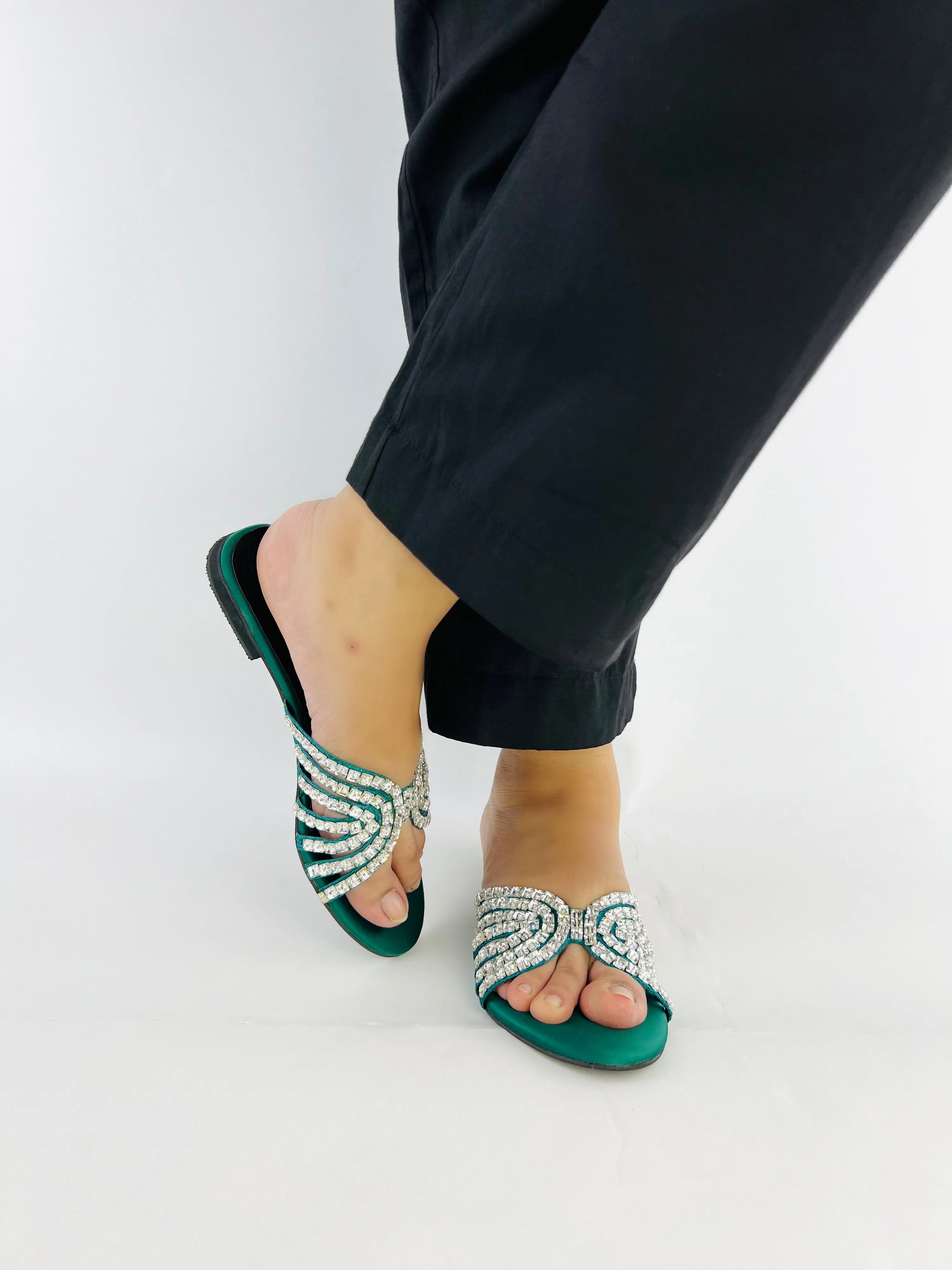 Jamie Green Crystal Stones Embellished Flats Sandals-11035