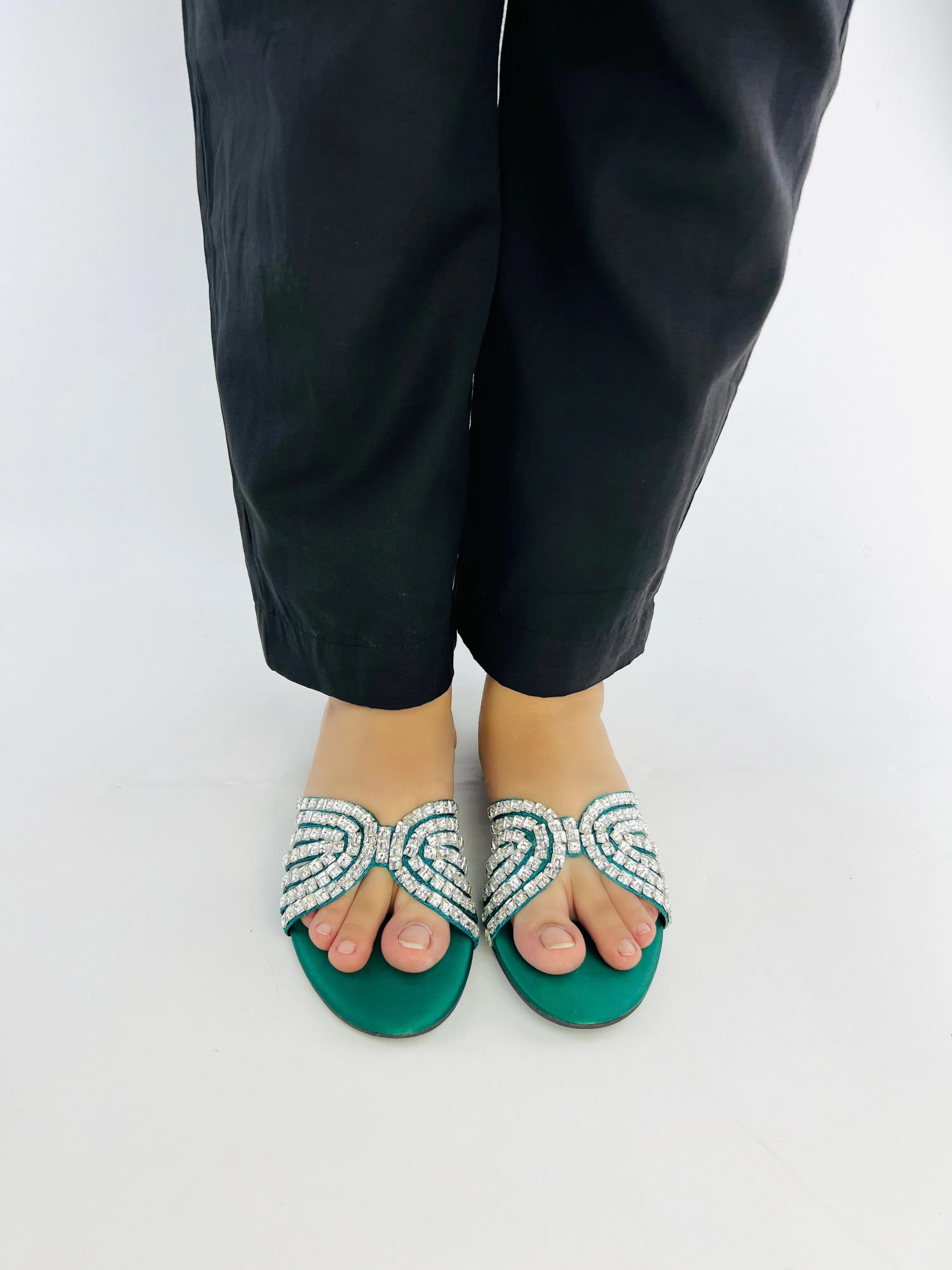 Jamie Green Crystal Stones Embellished Flats Sandals-11035