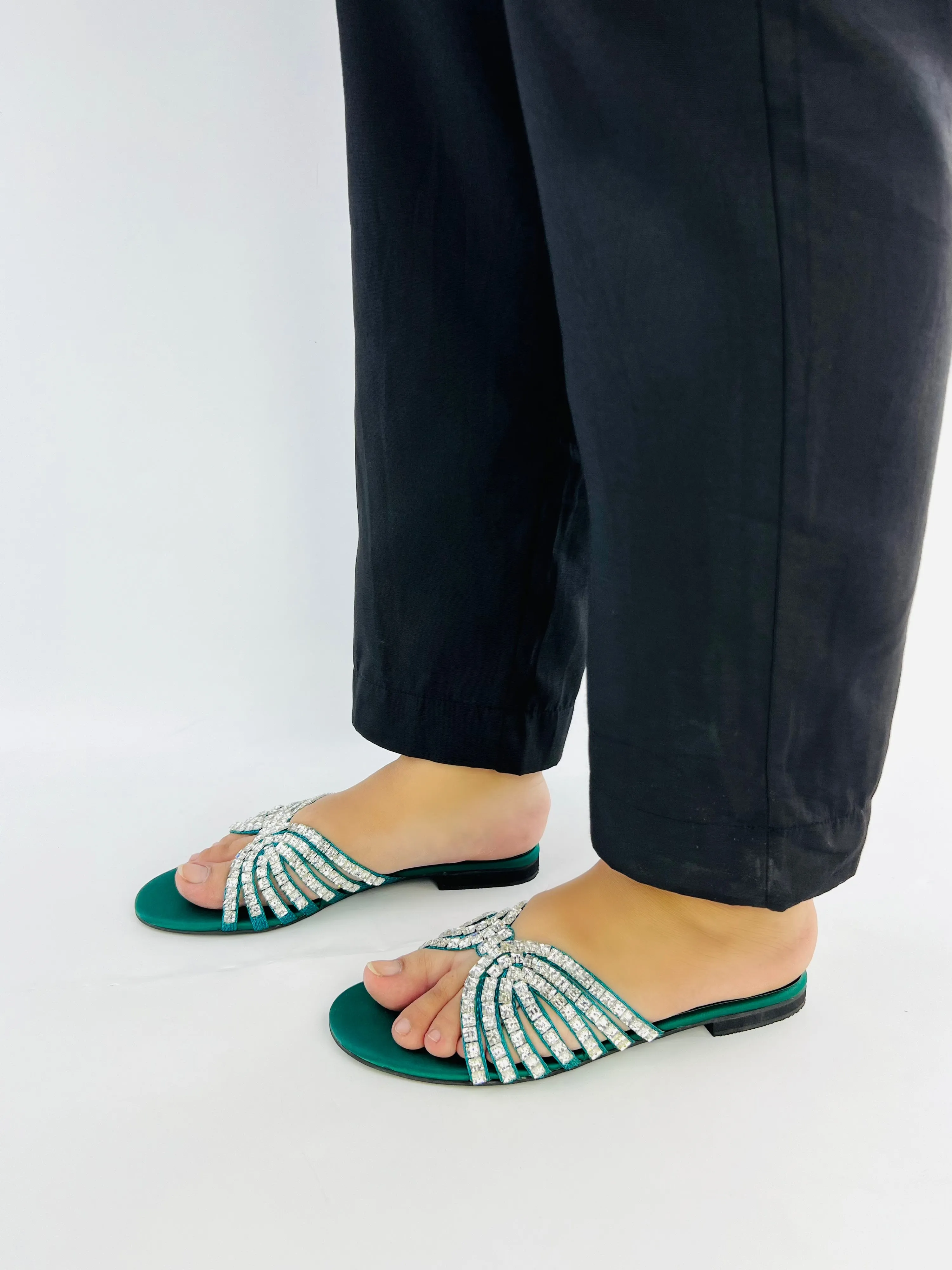 Jamie Green Crystal Stones Embellished Flats Sandals-11035