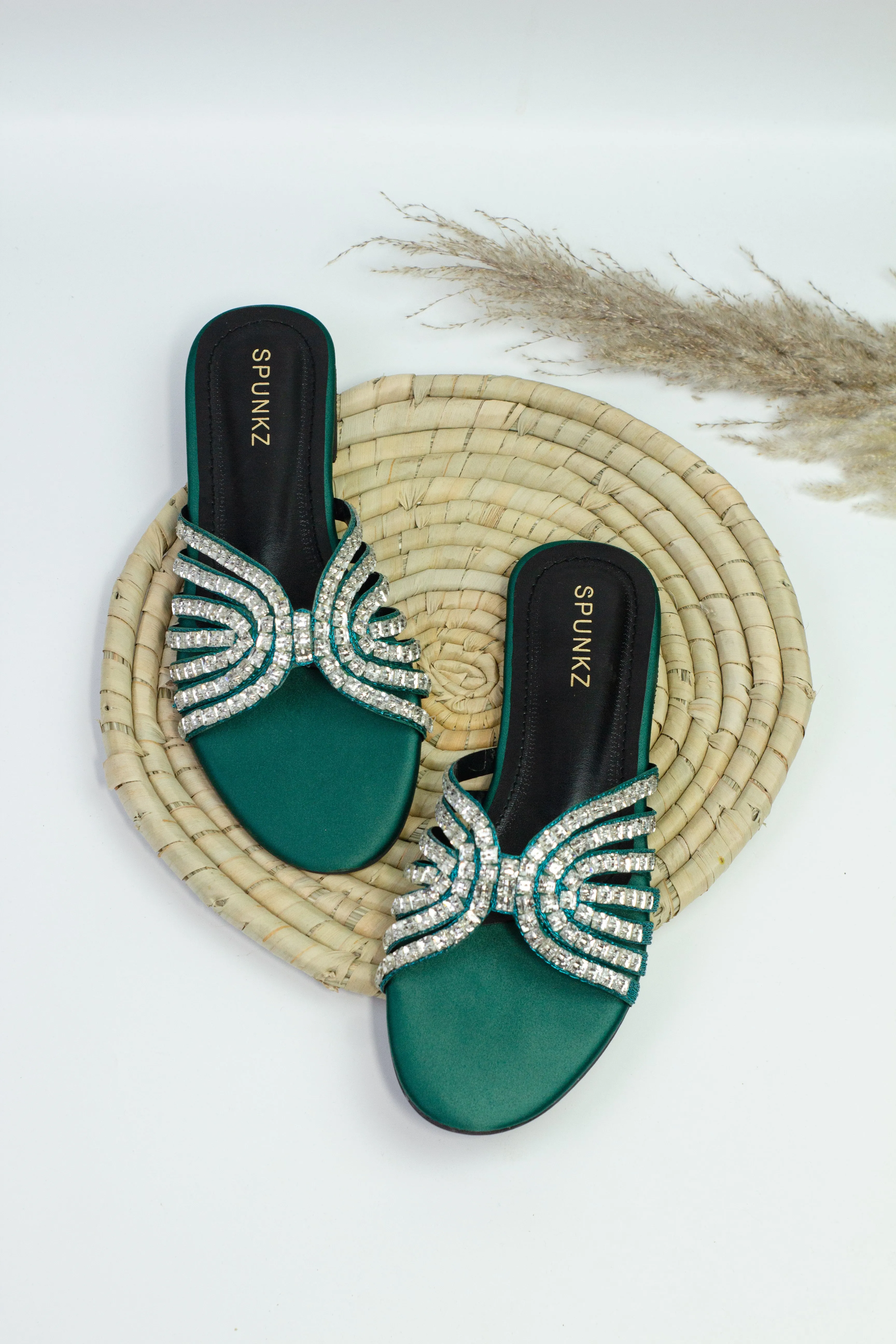 Jamie Green Crystal Stones Embellished Flats Sandals-11035