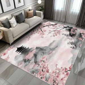Japanese Rug 5x7, Washable Oriental Asian Rugs for Living Room Bedroom, Ink Mountain Cherry Blossom Area Rug for Home Decor, Non Slip Backing Floor Carpet with Gripper - 5 x 7 ft