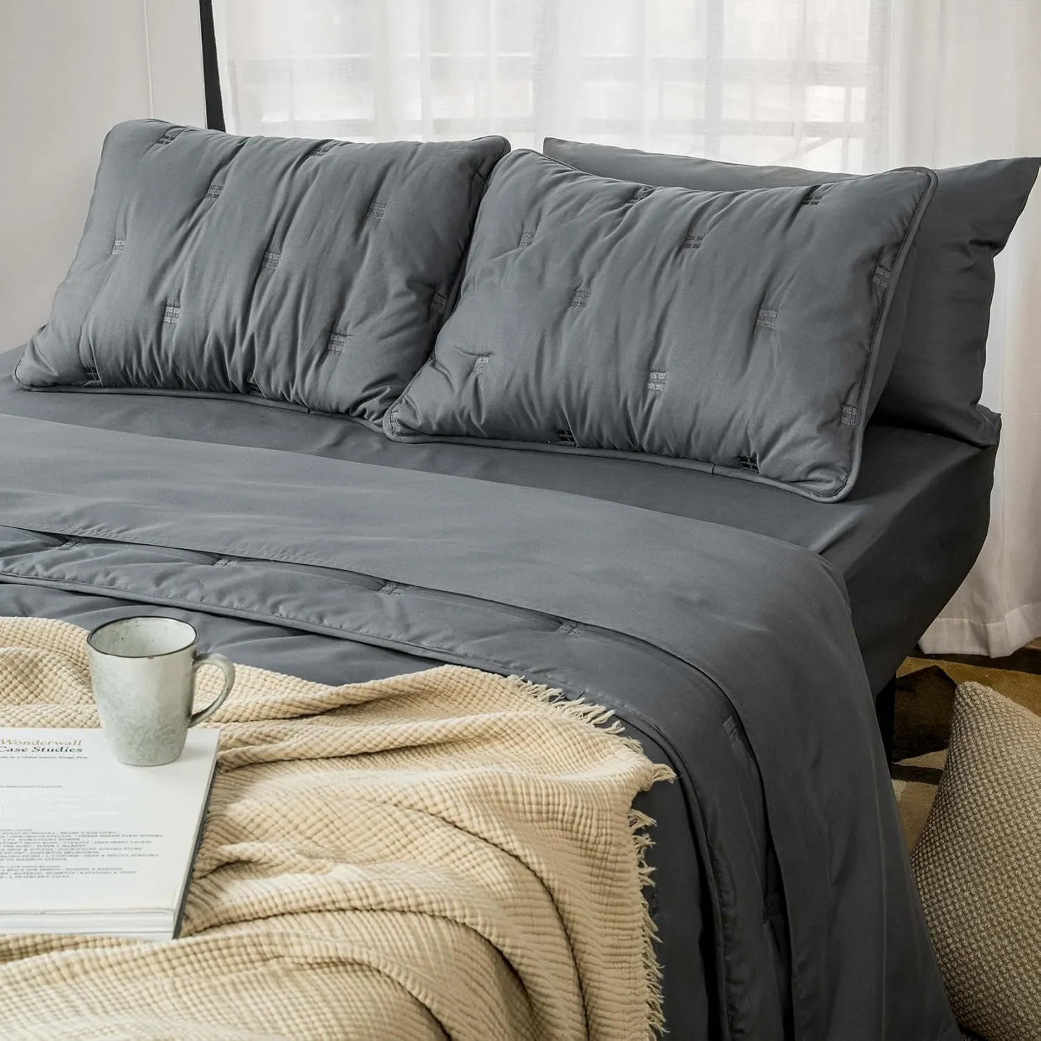 J'Chervianne Embroidery King Comforter Set - 7 Pieces Bed in a Bag Set, All Season Soft Bedding Sets with Comforter, Pillow Shams, Flat Sheet, Fitted Sheet and Pillowcases (Dark Grey, King)
