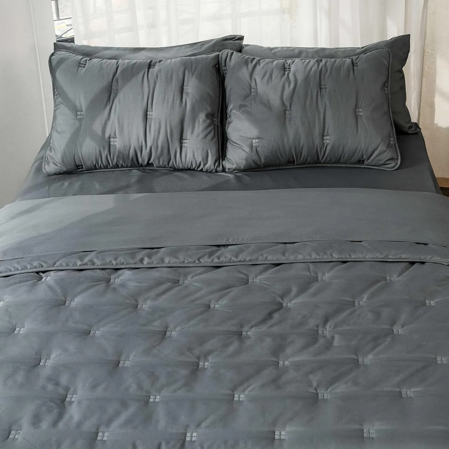 J'Chervianne Embroidery King Comforter Set - 7 Pieces Bed in a Bag Set, All Season Soft Bedding Sets with Comforter, Pillow Shams, Flat Sheet, Fitted Sheet and Pillowcases (Dark Grey, King)