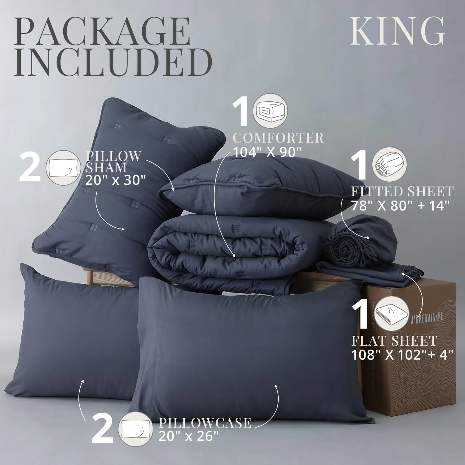 J'Chervianne Embroidery King Comforter Set - 7 Pieces Bed in a Bag Set, All Season Soft Bedding Sets with Comforter, Pillow Shams, Flat Sheet, Fitted Sheet and Pillowcases (Dark Grey, King)