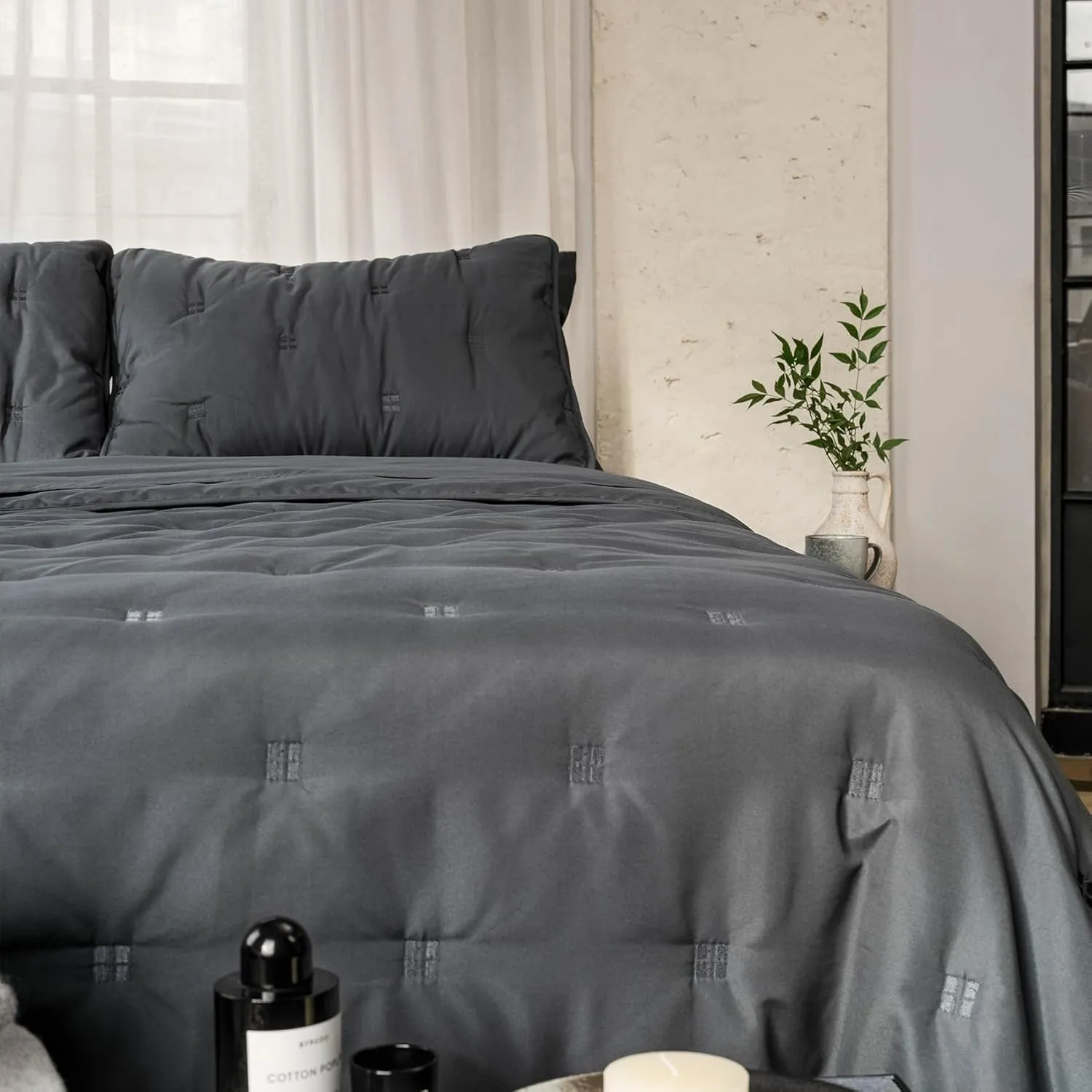 J'Chervianne Embroidery King Comforter Set - 7 Pieces Bed in a Bag Set, All Season Soft Bedding Sets with Comforter, Pillow Shams, Flat Sheet, Fitted Sheet and Pillowcases (Dark Grey, King)