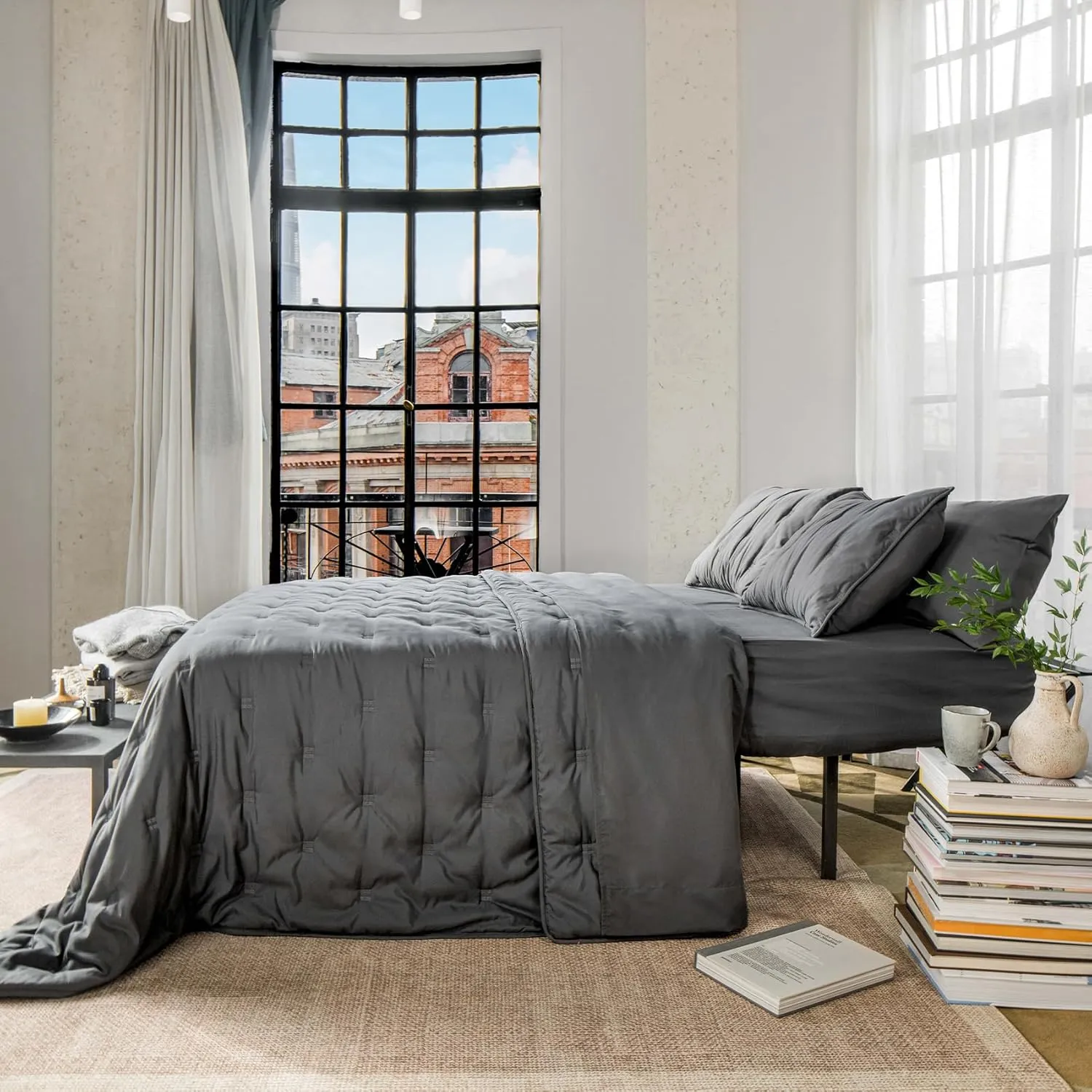 J'Chervianne Embroidery King Comforter Set - 7 Pieces Bed in a Bag Set, All Season Soft Bedding Sets with Comforter, Pillow Shams, Flat Sheet, Fitted Sheet and Pillowcases (Dark Grey, King)