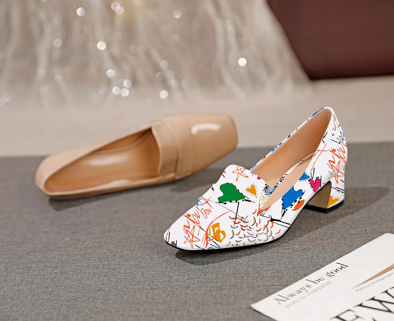 Joseywade Women Low Block Chunky Heels Pumps Slip On 2 Inch Square Toe Comfort Shoes