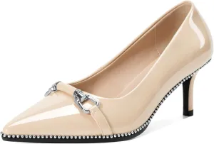Joseywade Women Low Kitten Heel Pumps Slip On 2.5 Inches Closed Pointed Toe Beaded Metal Buckle Shoes