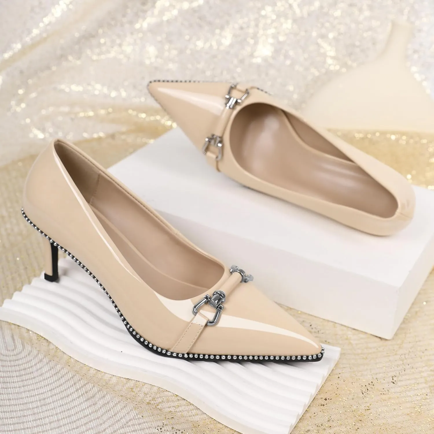 Joseywade Women Low Kitten Heel Pumps Slip On 2.5 Inches Closed Pointed Toe Beaded Metal Buckle Shoes