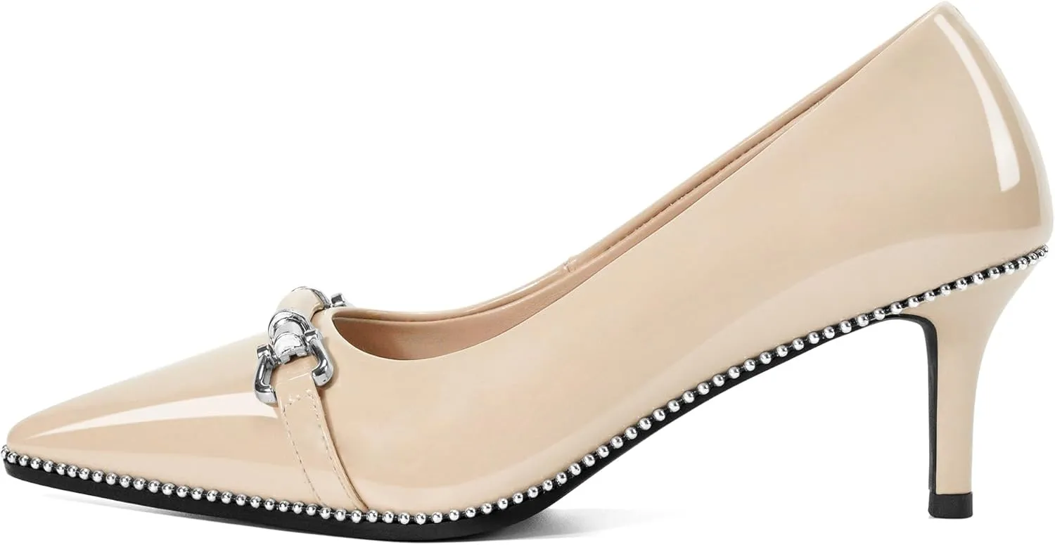 Joseywade Women Low Kitten Heel Pumps Slip On 2.5 Inches Closed Pointed Toe Beaded Metal Buckle Shoes